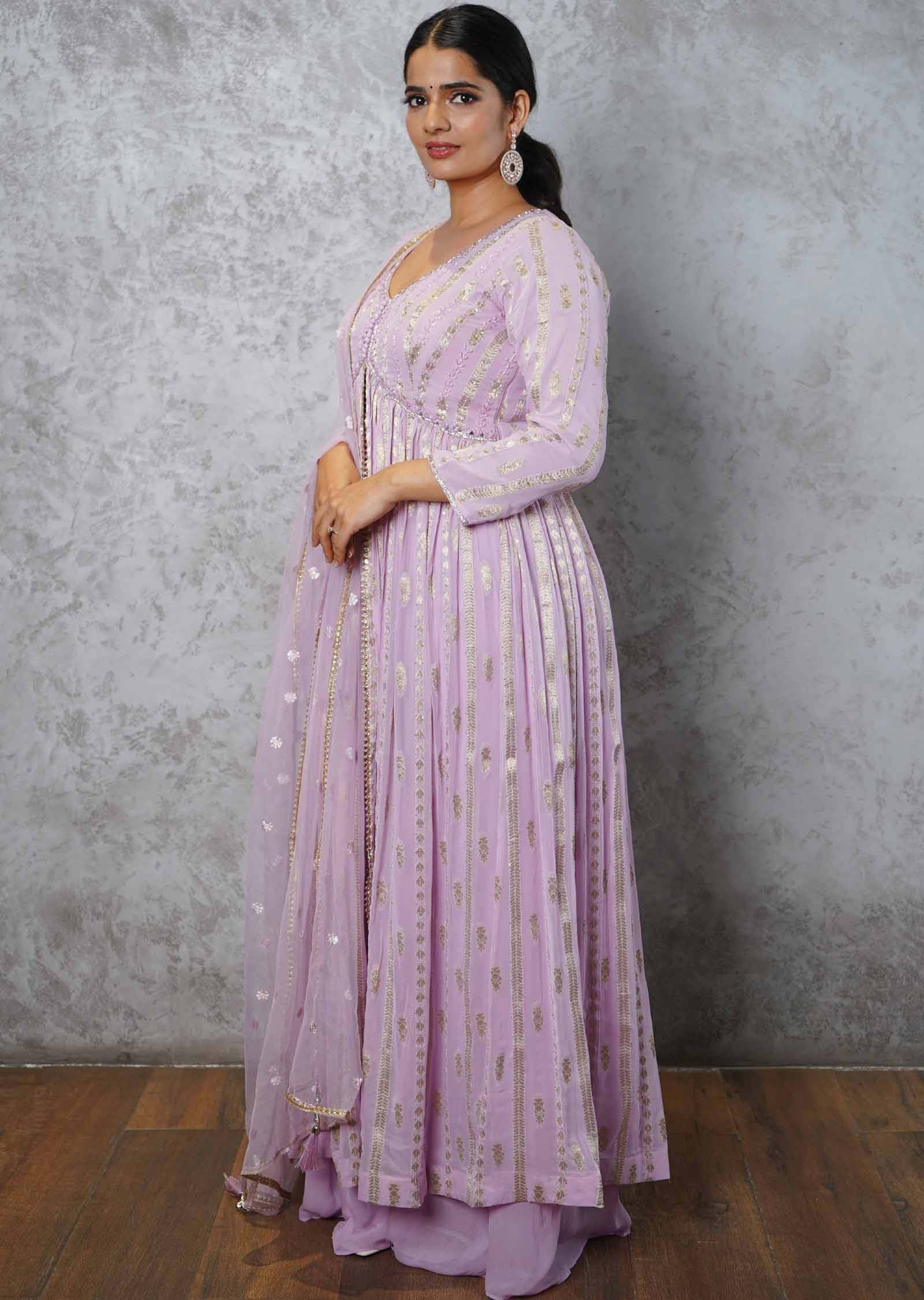 Lilac Banaras Georgette Embroidered Alia cut Anarkali