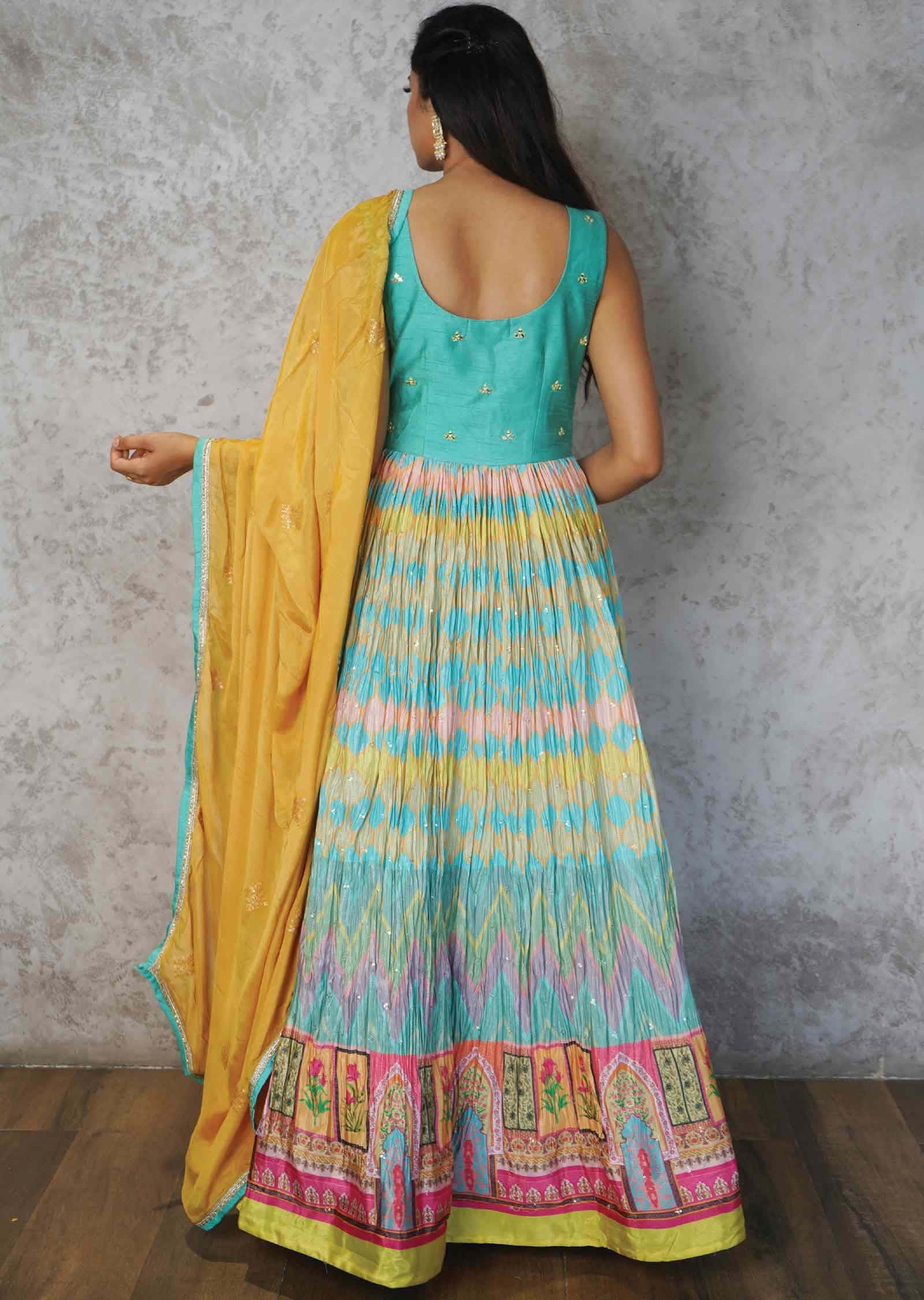 Dusty Green & Multi Silk & Chinnon Embroidered Anarkali
