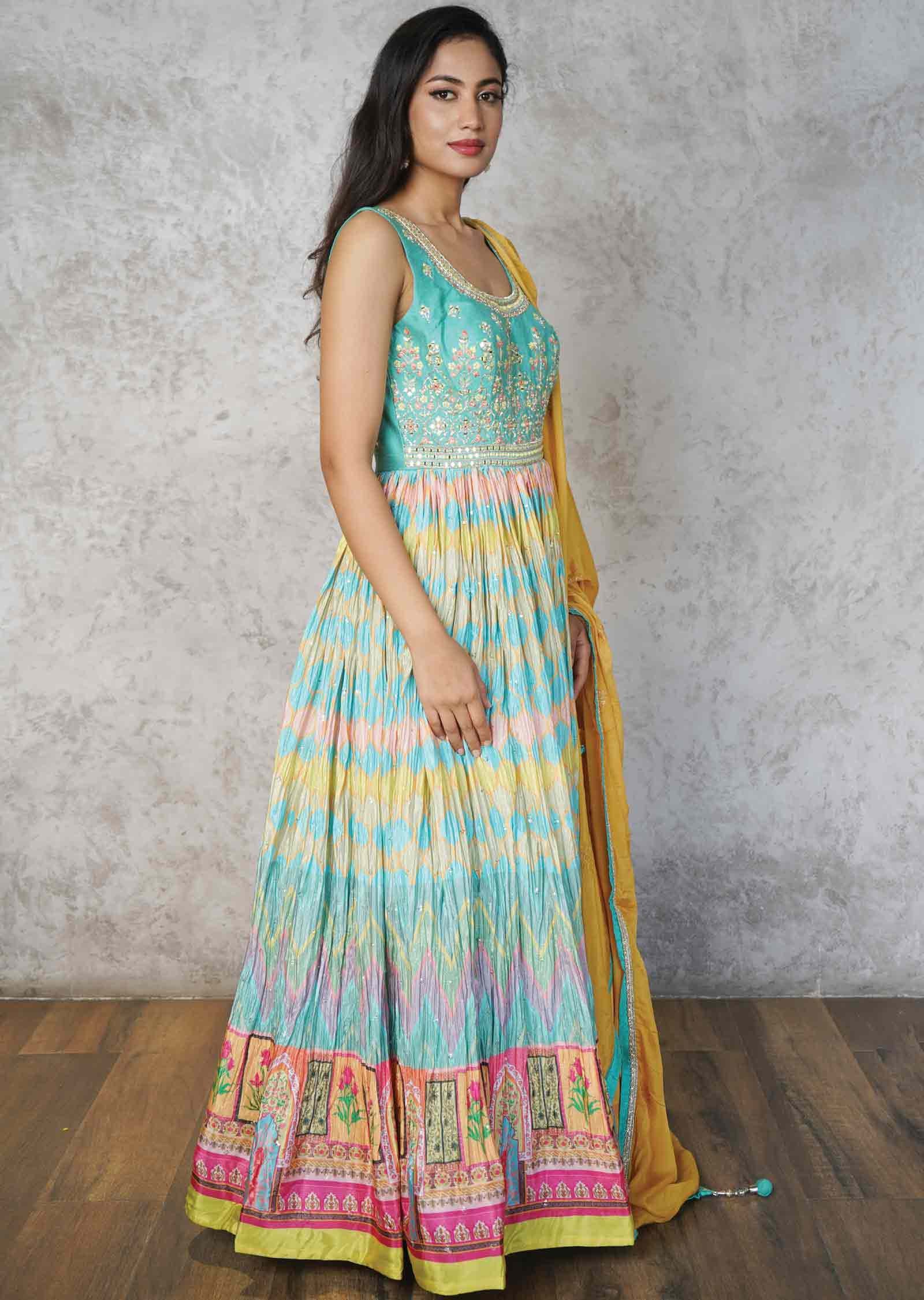 Dusty Green & Multi Silk & Chinnon Embroidered Anarkali