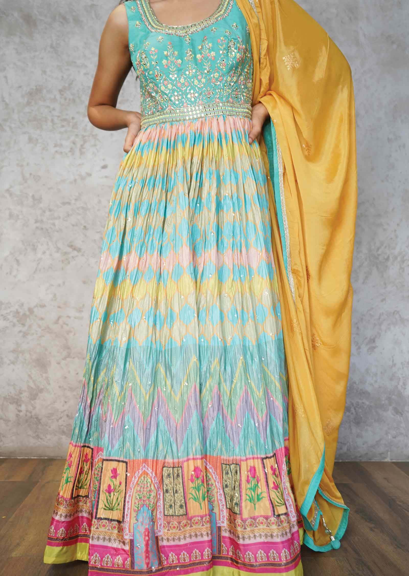 Dusty Green & Multi Silk & Chinnon Embroidered Anarkali