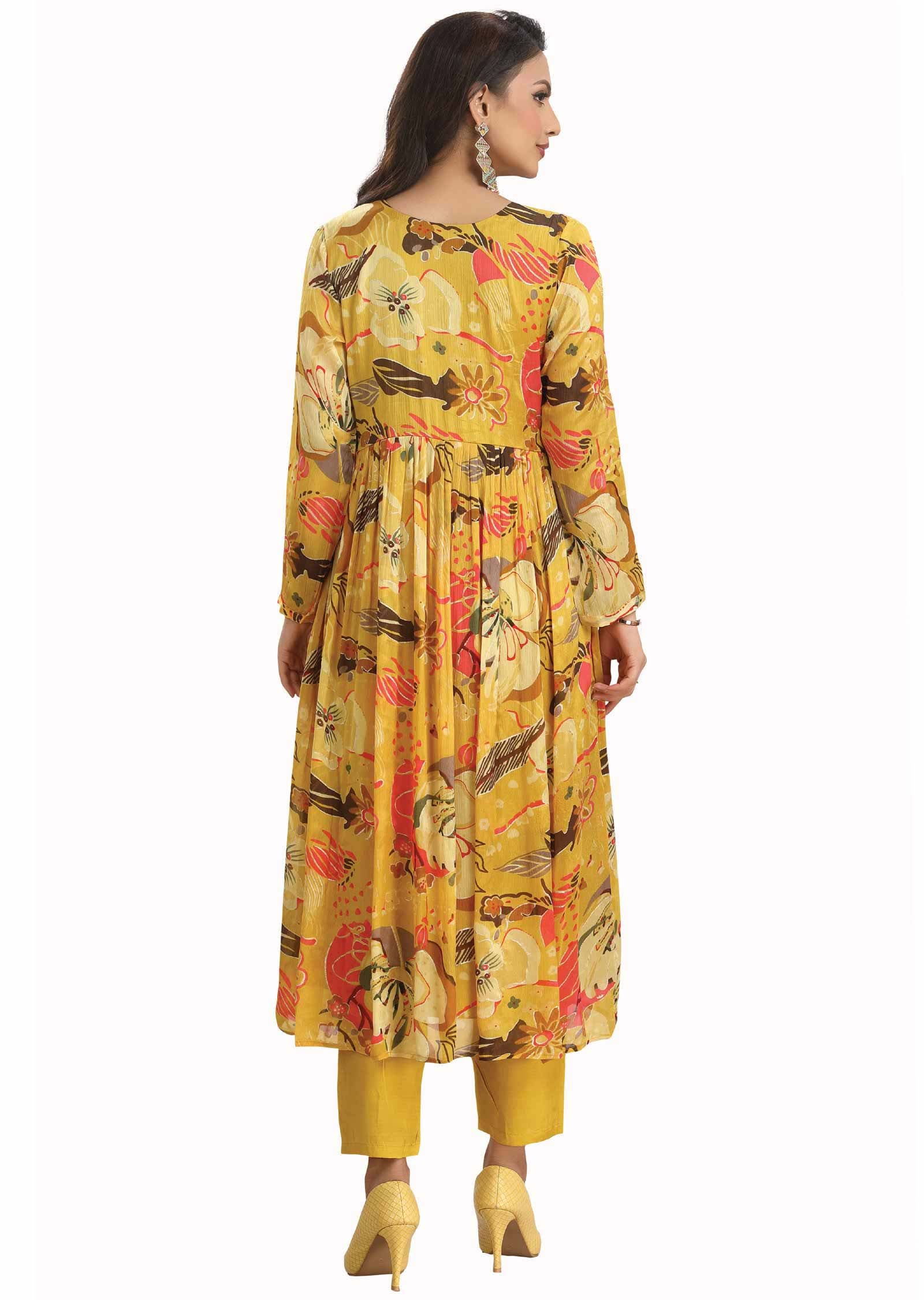 Yellow Chinnon Embroidered Alia cut Anarkali
