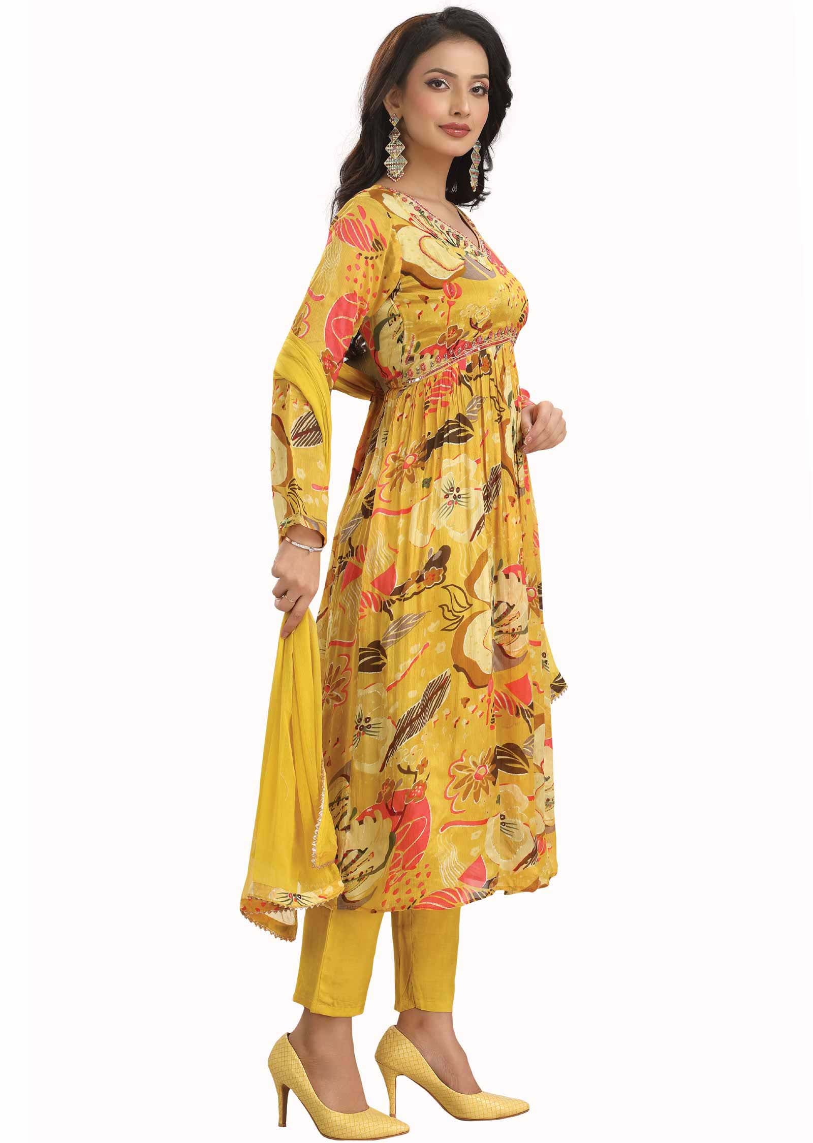Yellow Chinnon Embroidered Alia cut Anarkali