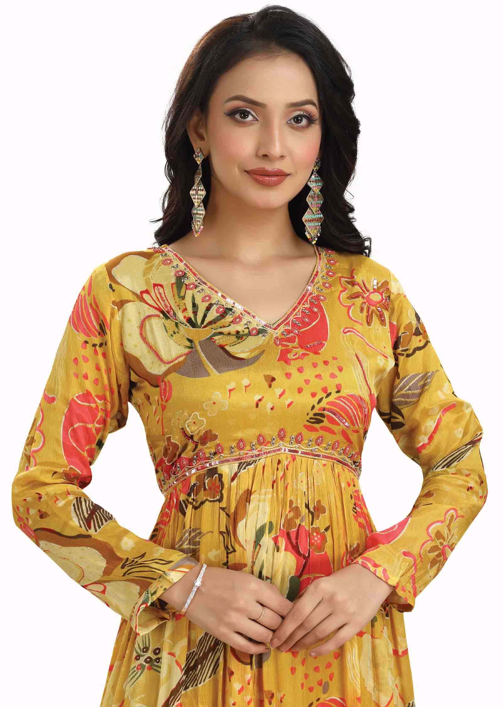 Yellow Chinnon Embroidered Alia cut Anarkali