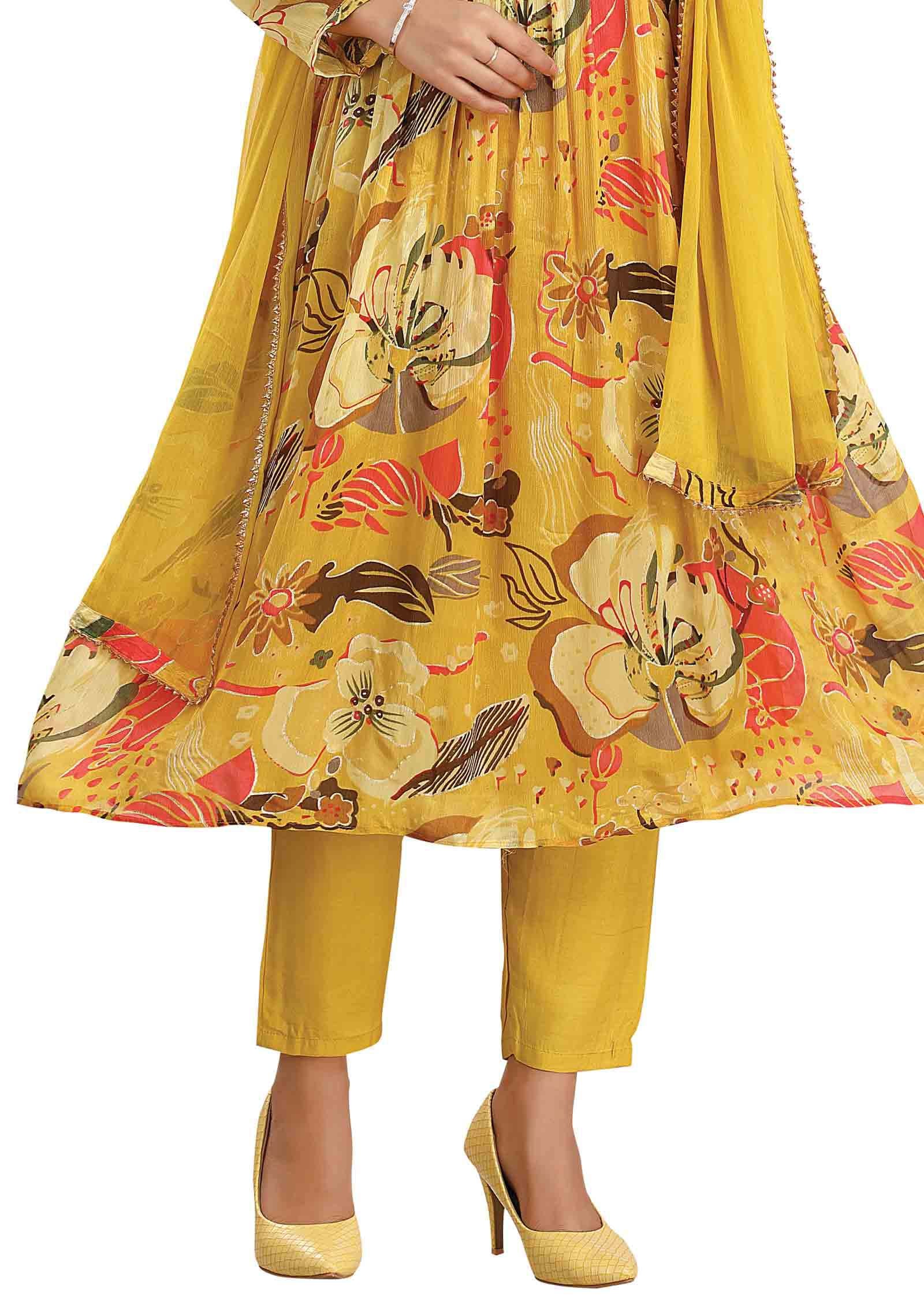 Yellow Chinnon Embroidered Alia cut Anarkali