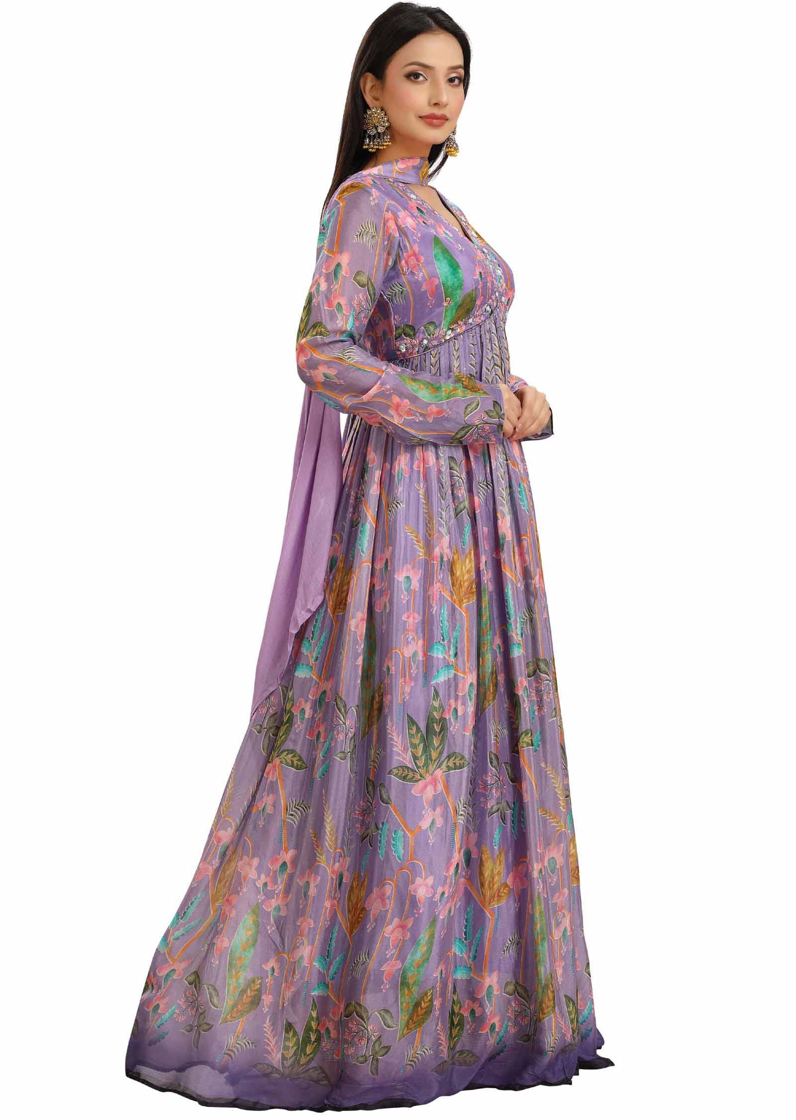 Lavender Chinnon Embroidered Alia cut Anarkali