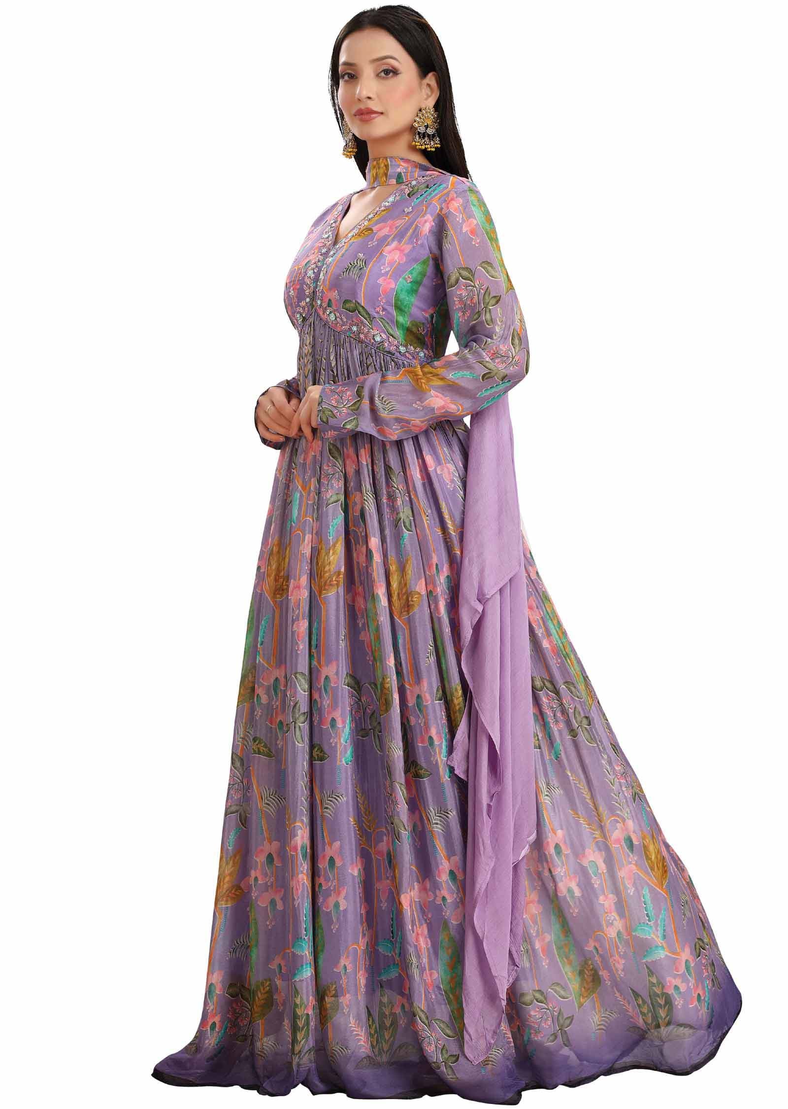 Lavender Chinnon Embroidered Alia cut Anarkali