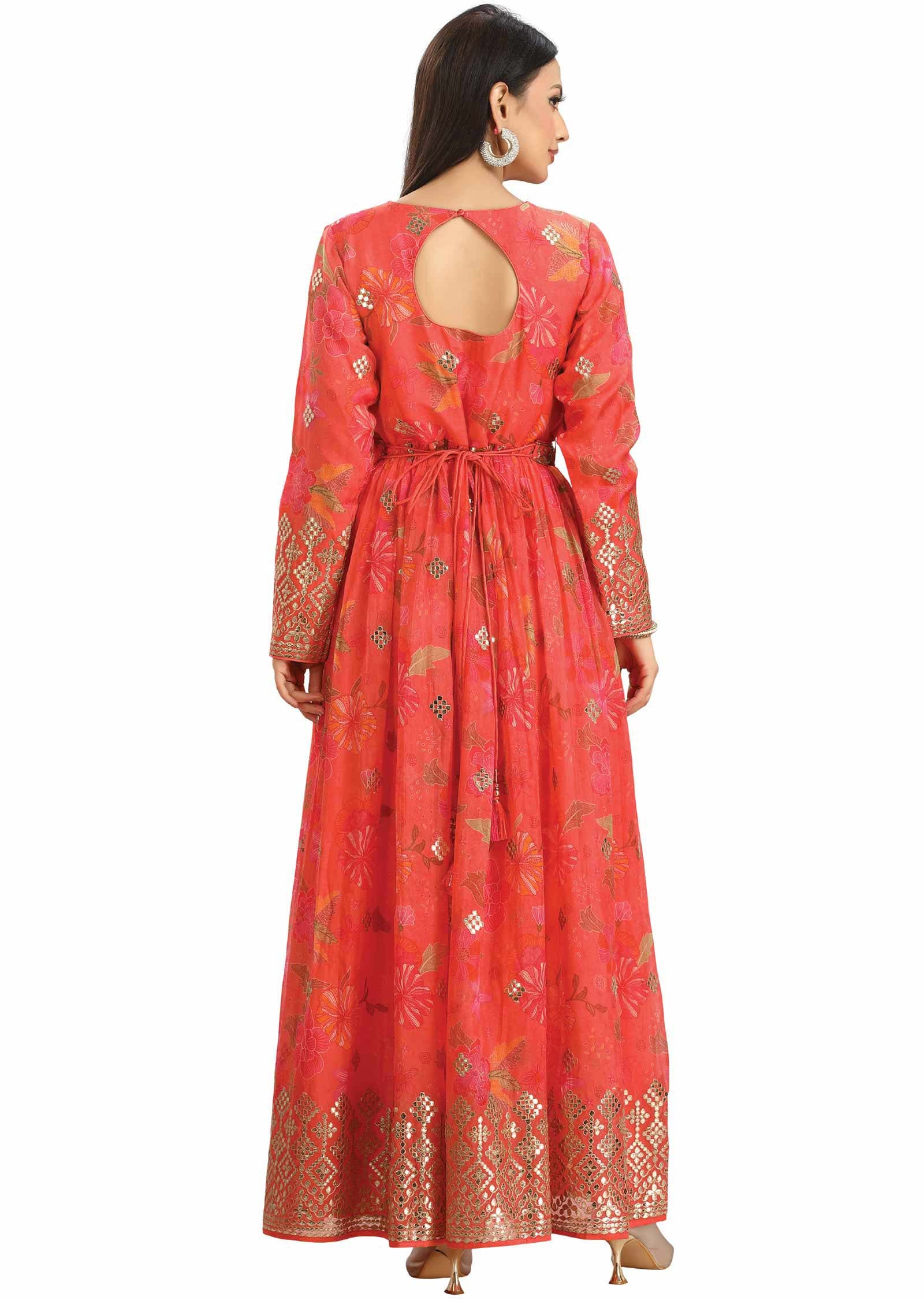Coral Organza Embroidered Anarkali