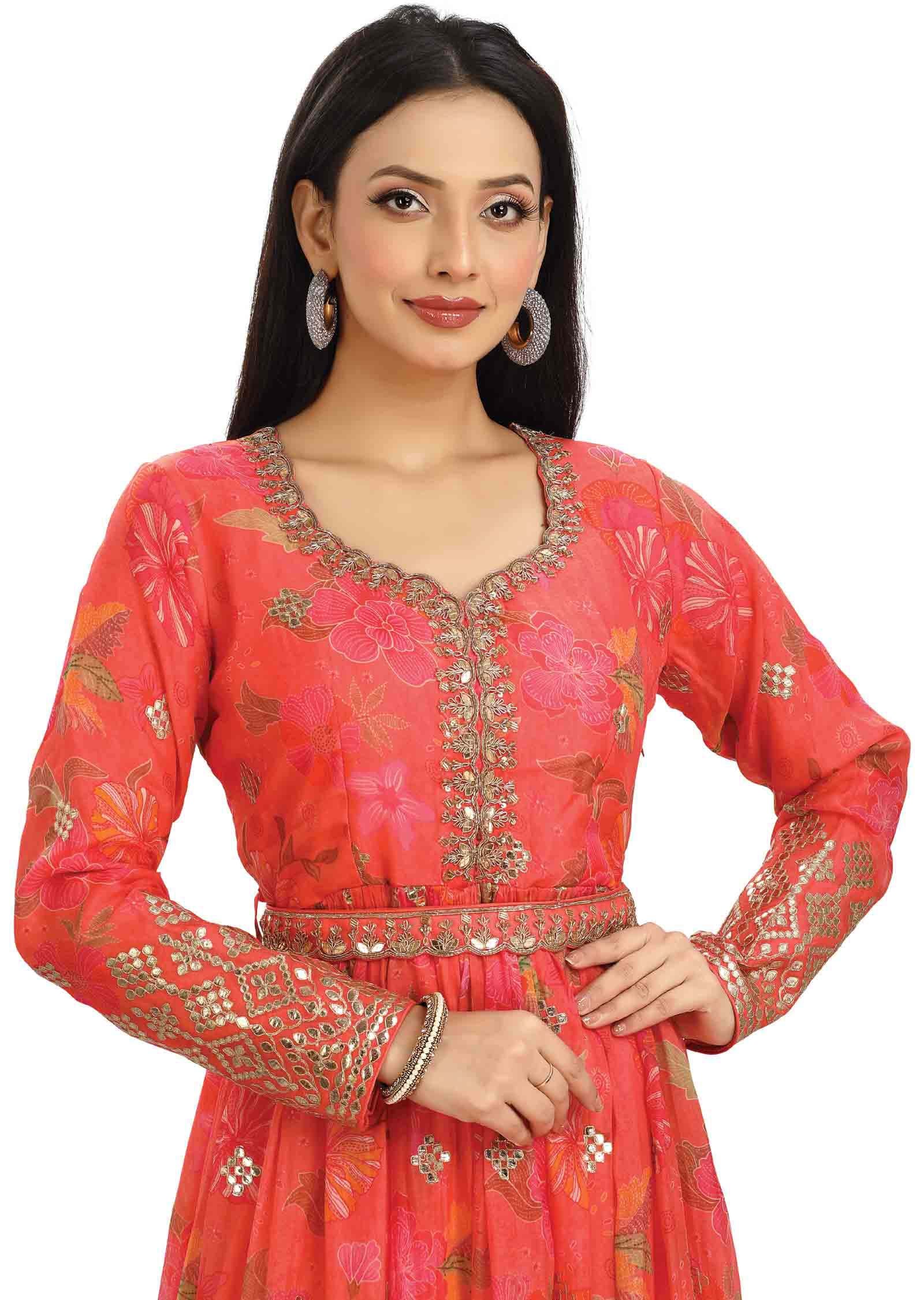 Coral Organza Embroidered Anarkali