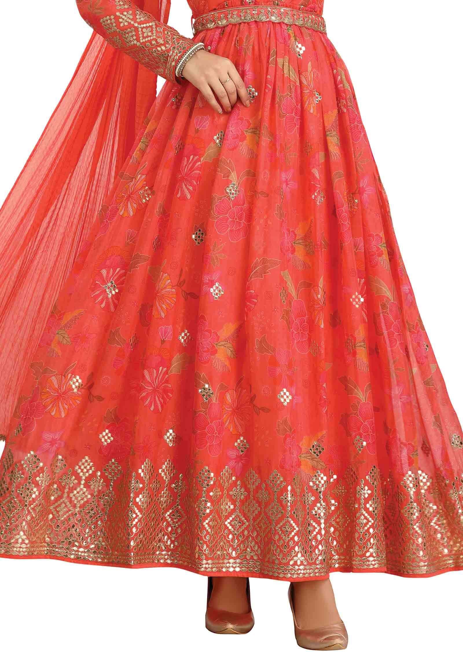 Coral Organza Embroidered Anarkali