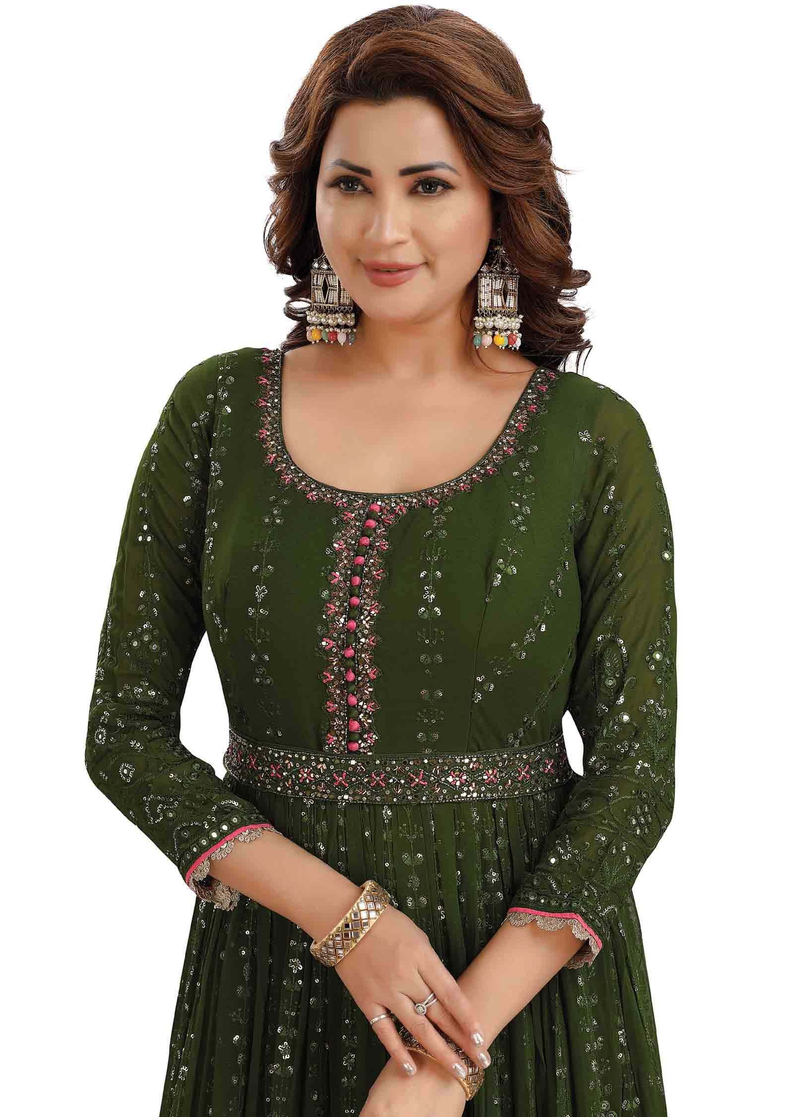 Mehendi Green Georgette Embroidered Anarkali