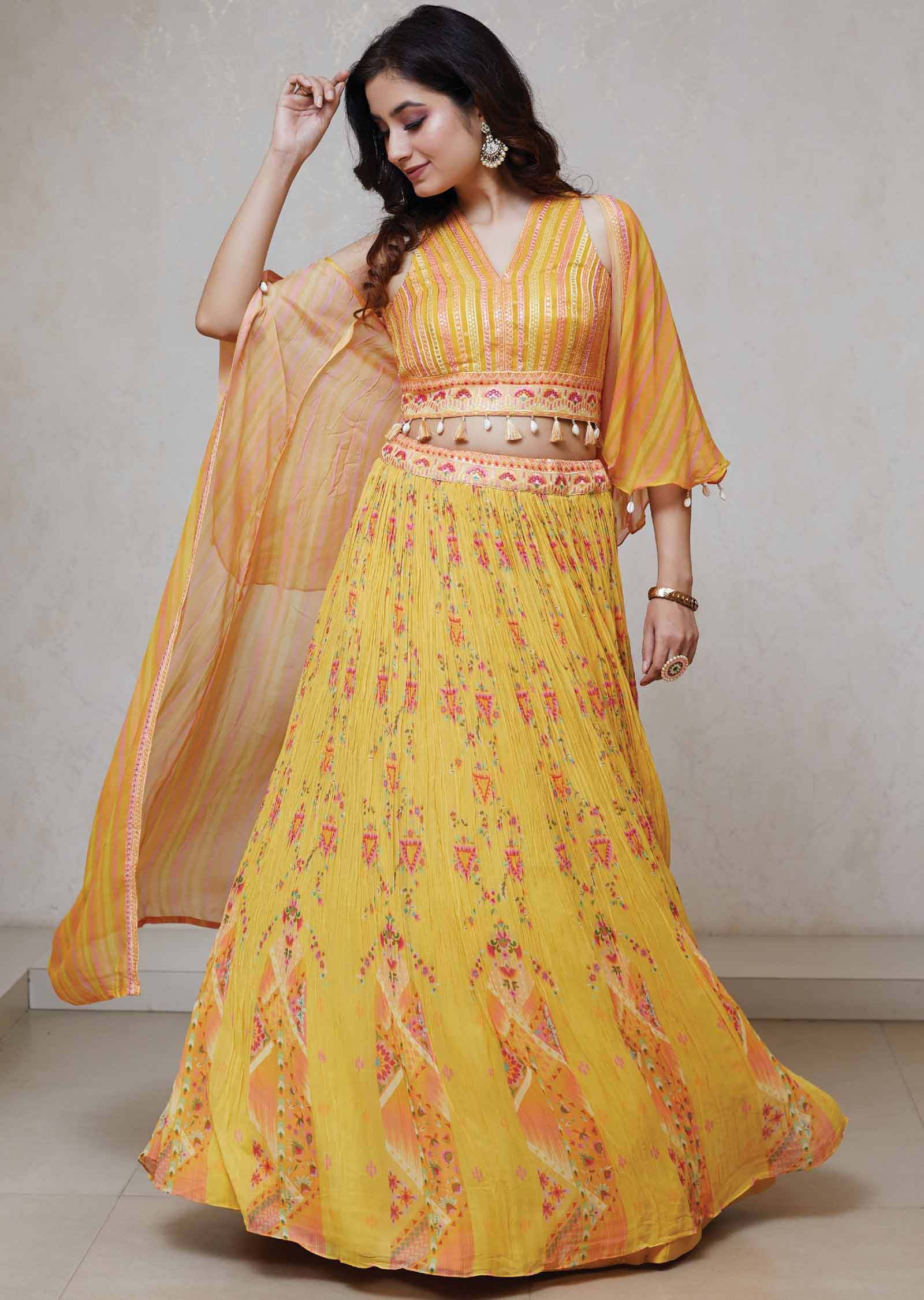 Yellow Georgette Sequins Drape Saree