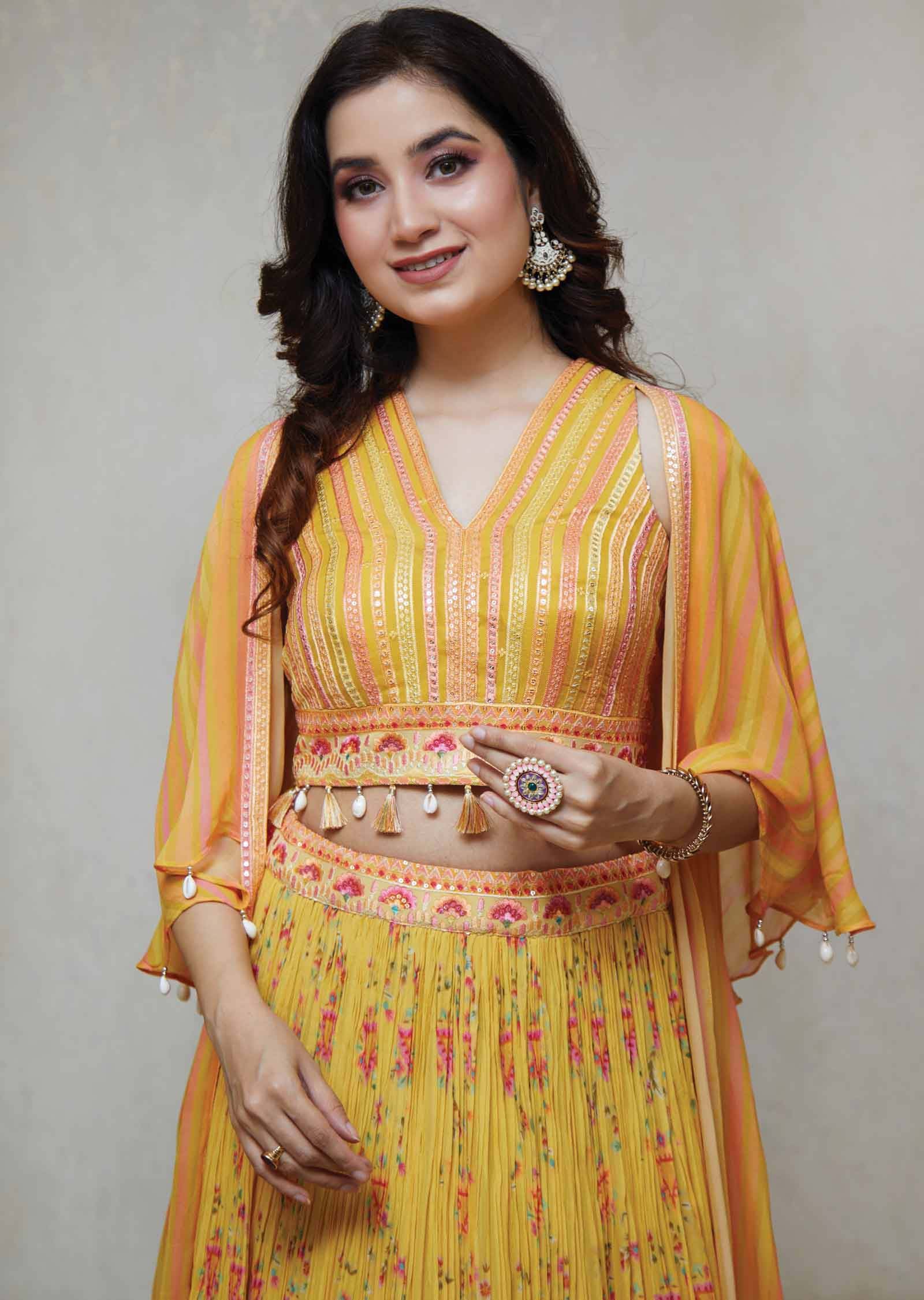 Yellow Georgette Sequins Drape Saree