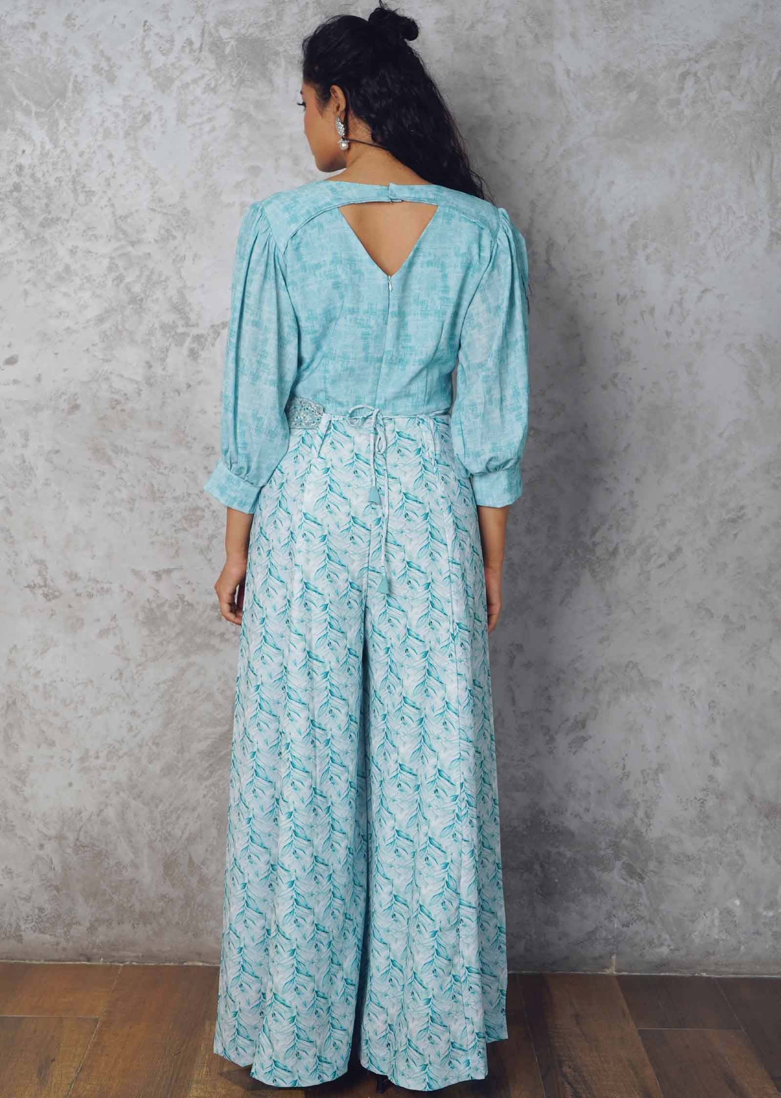 Green Georgette Printed Fusion/Indo-Western Set