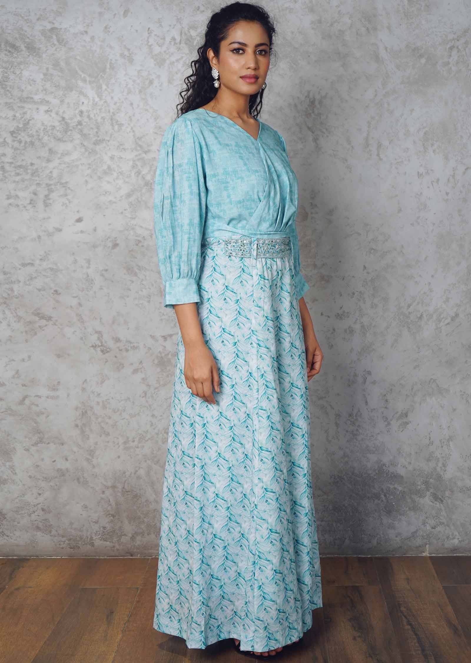 Green Georgette Printed Fusion/Indo-Western Set