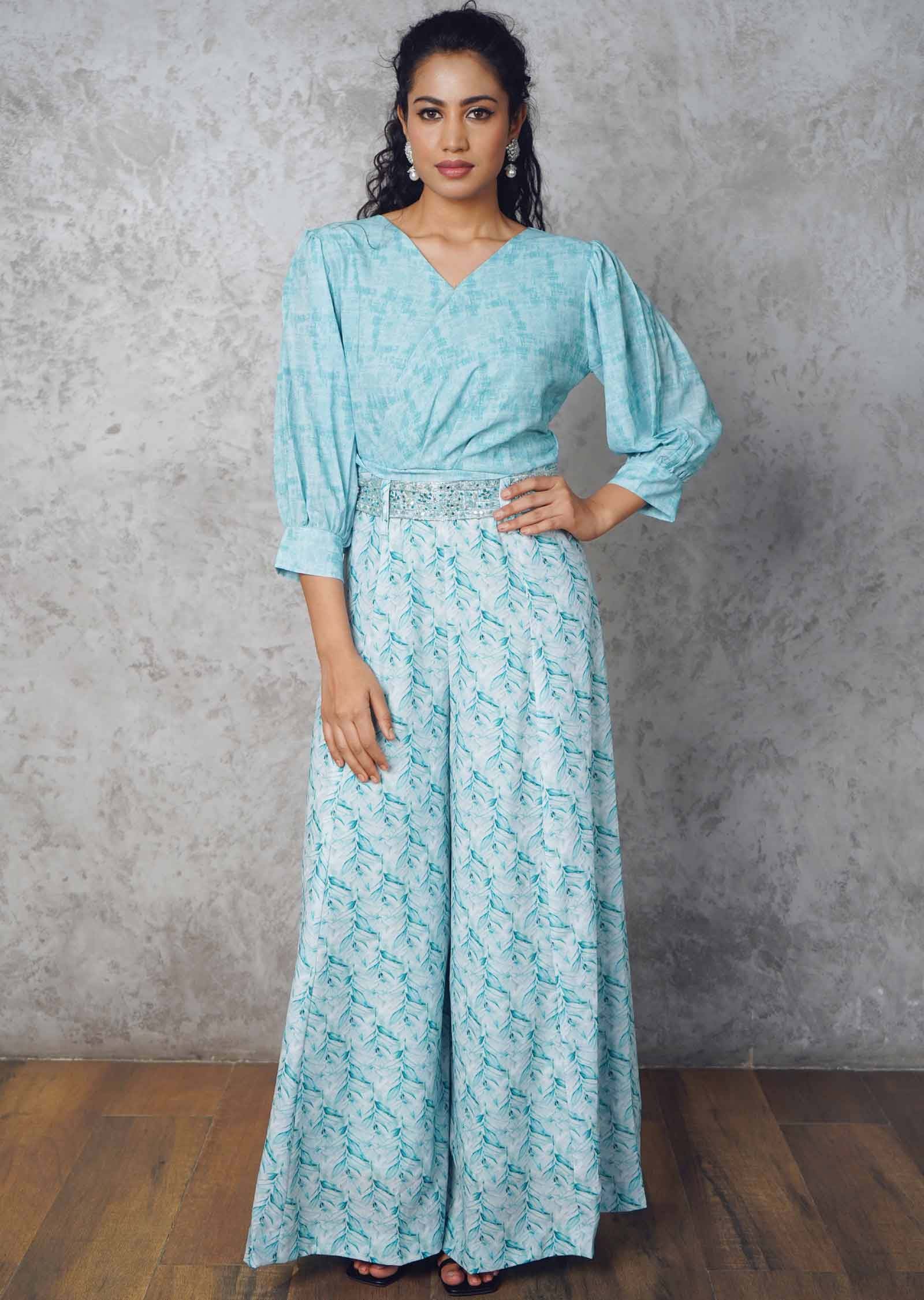Green Georgette Printed Fusion/Indo-Western Set