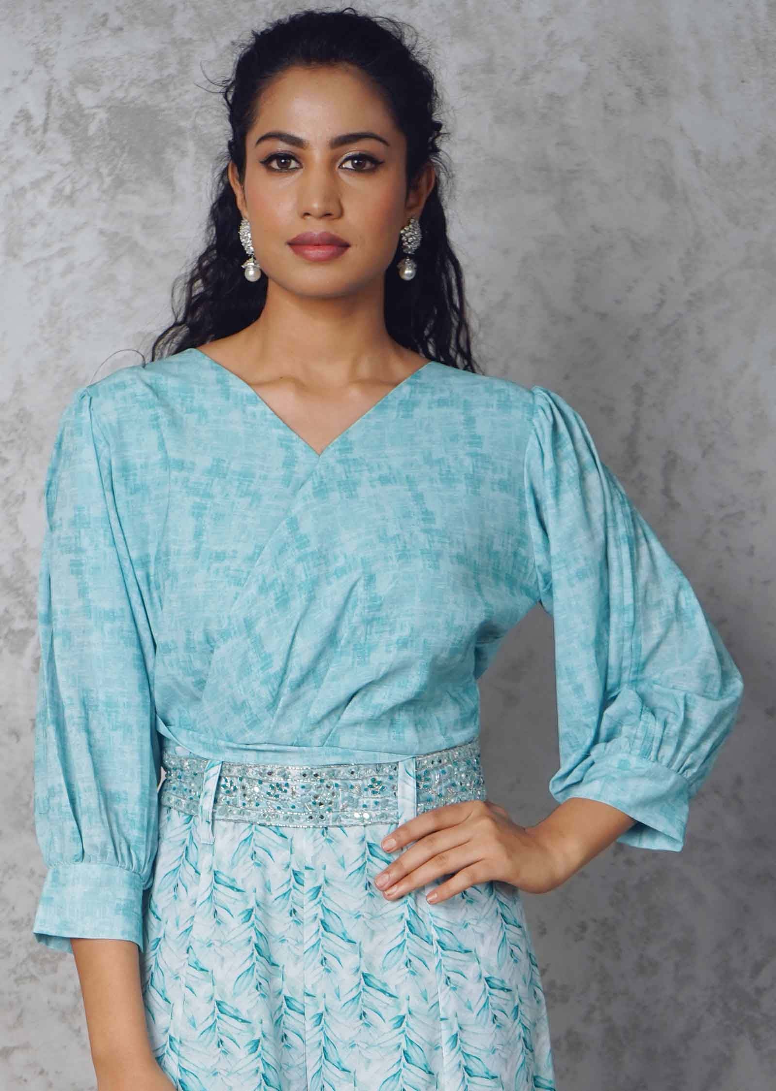 Green Georgette Printed Fusion/Indo-Western Set