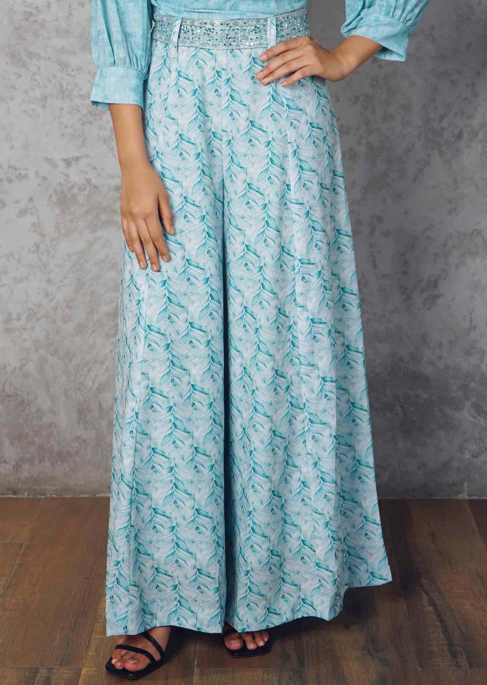 Green Georgette Printed Fusion/Indo-Western Set