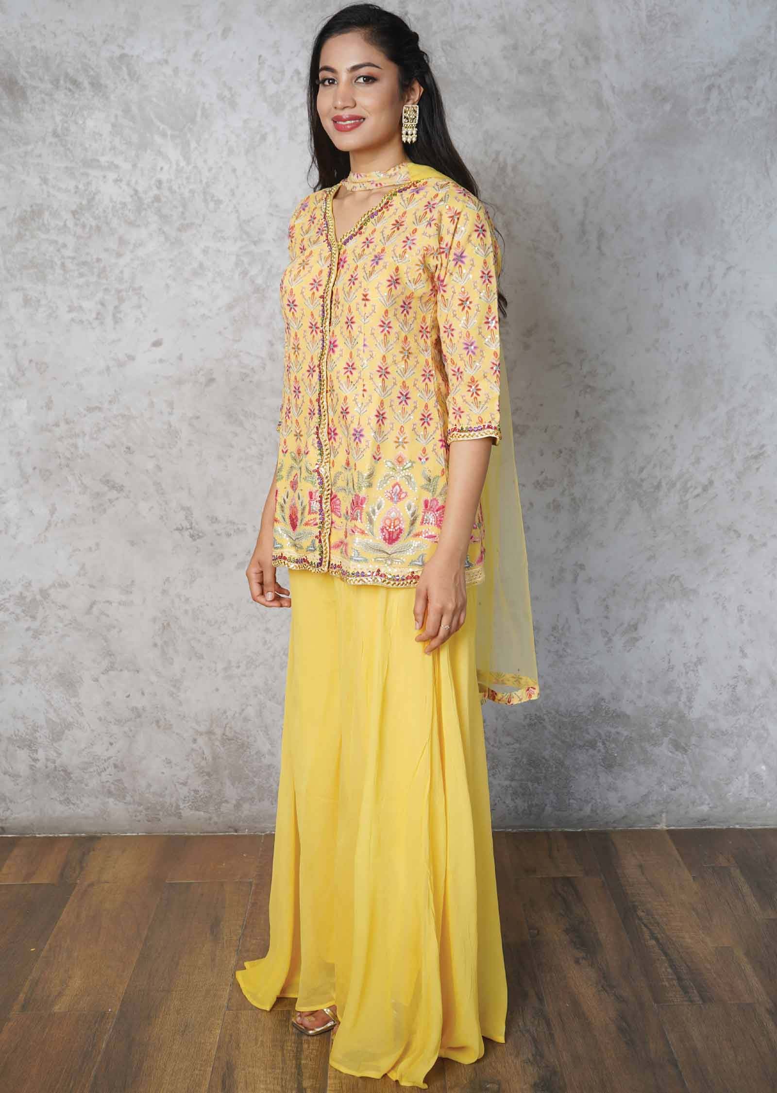 Yellow Georgette Fusion Indo-Western Outfit