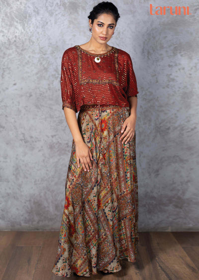 Maroon Chinnon Fusion Indo-Western Outfit