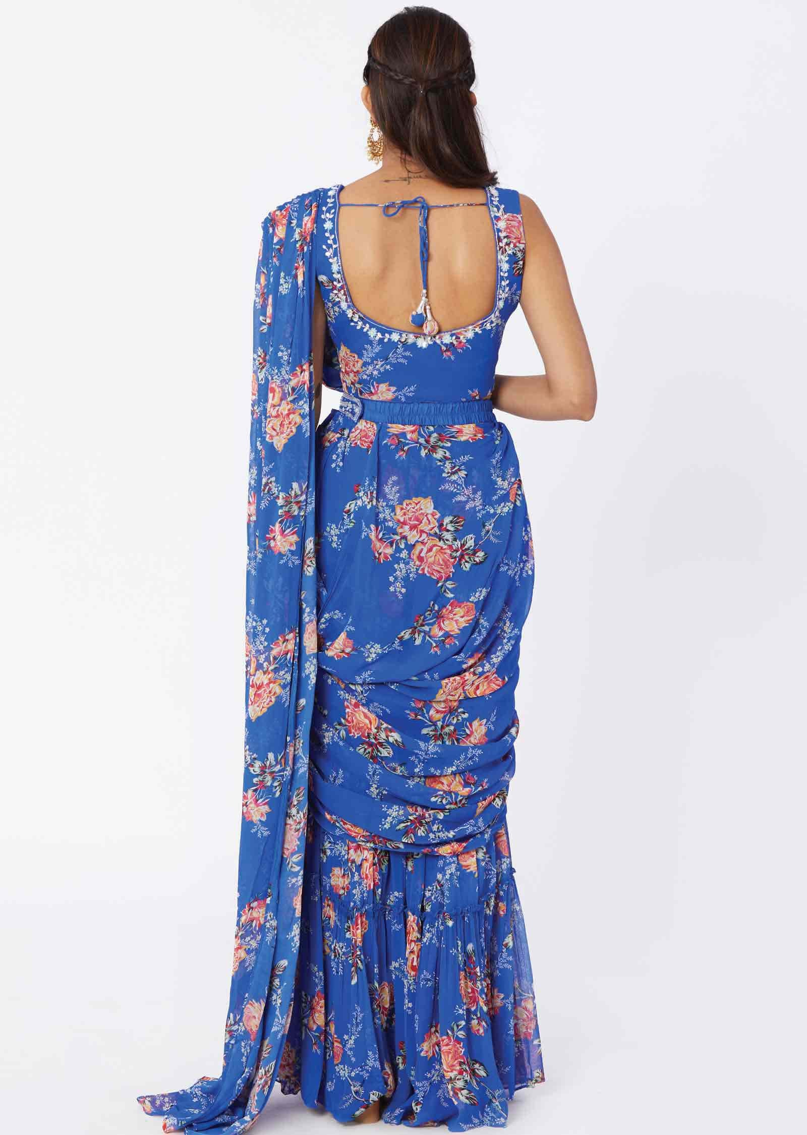 Blue Georgette Sequins Fusion/Indo-Western Set