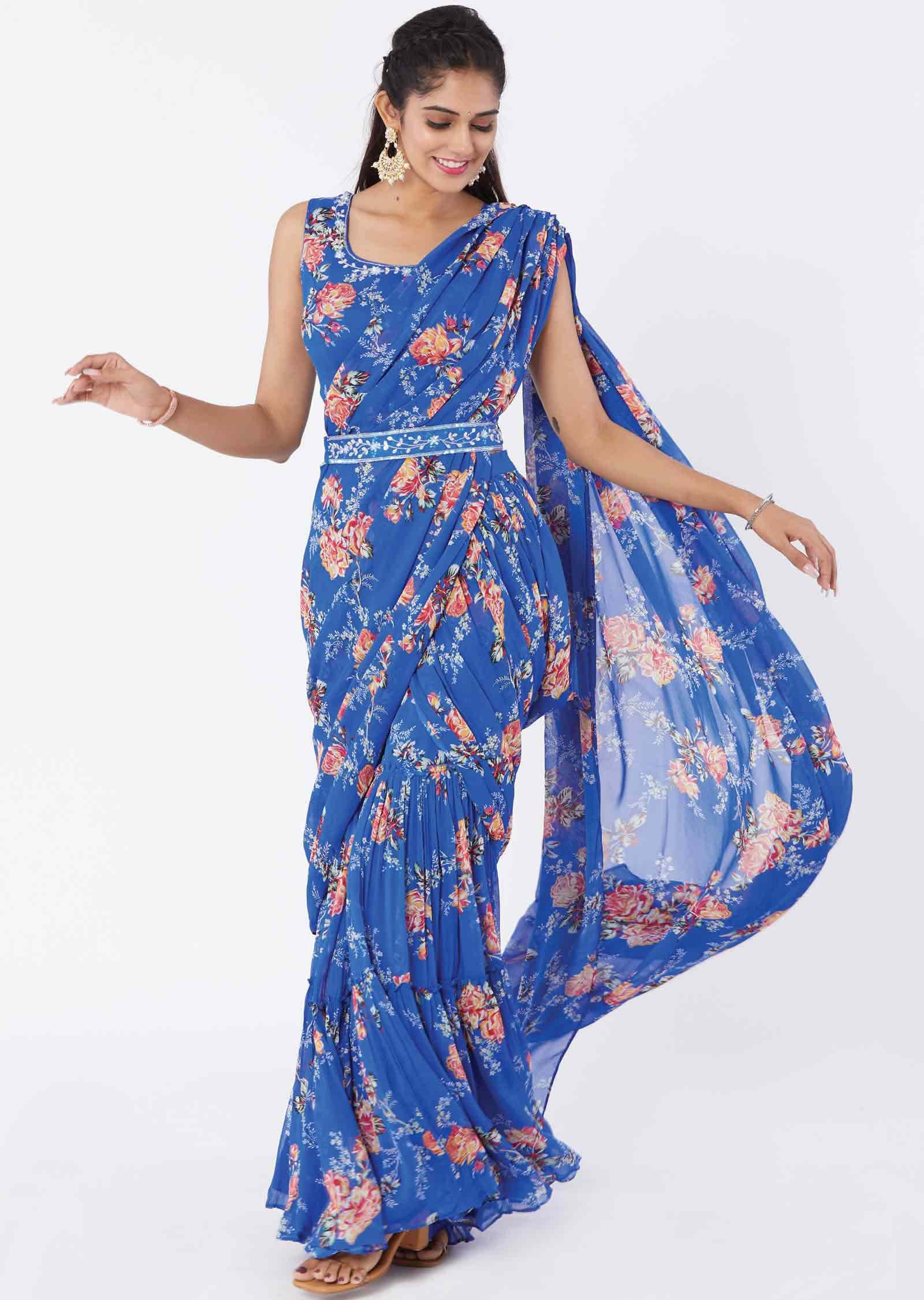 Blue Georgette Sequins Fusion/Indo-Western Set