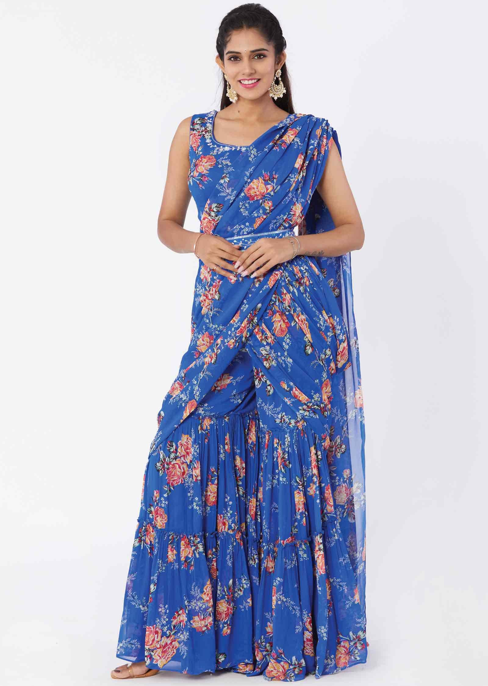 Blue Georgette Sequins Fusion/Indo-Western Set