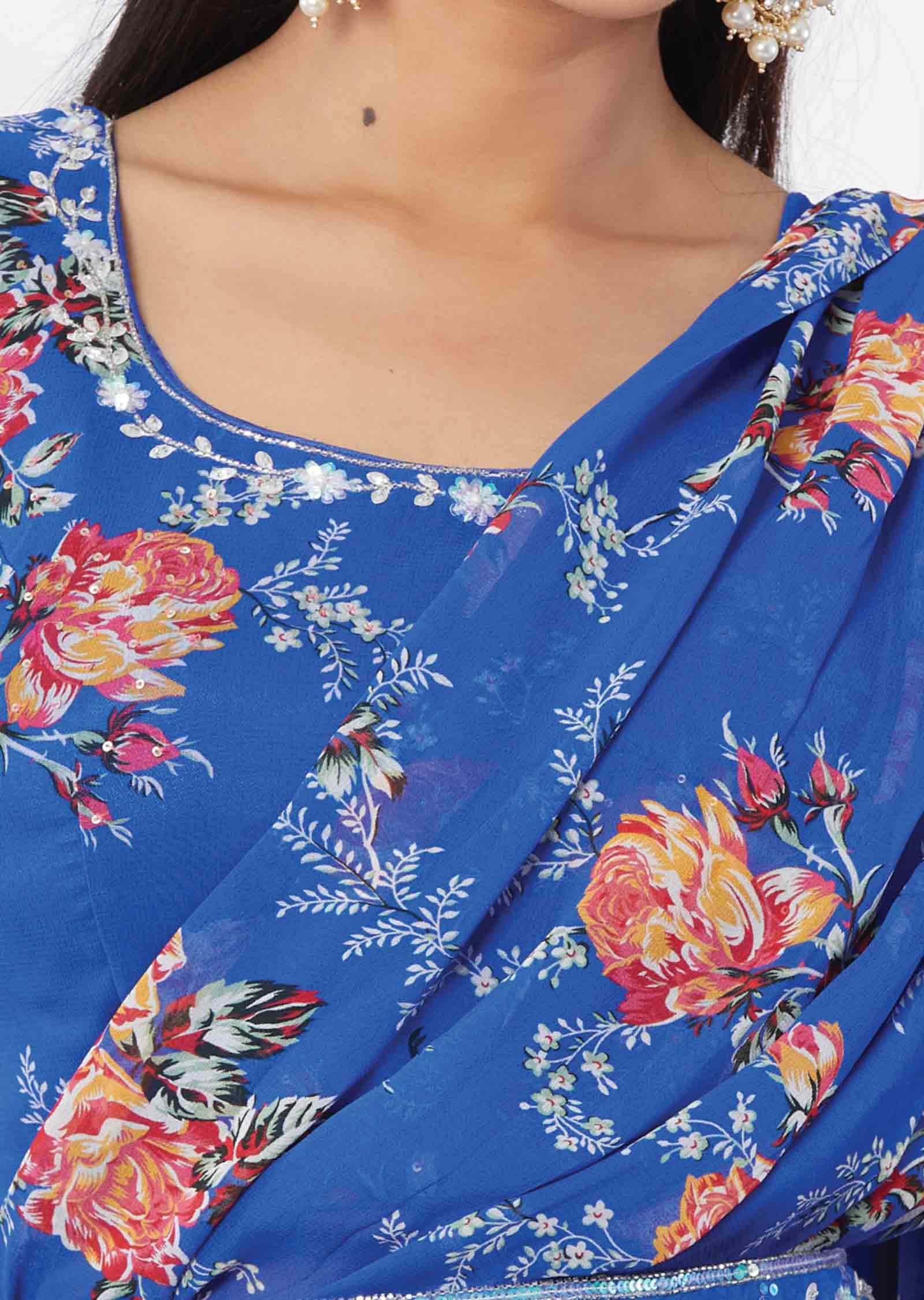 Blue Georgette Sequins Fusion/Indo-Western Set