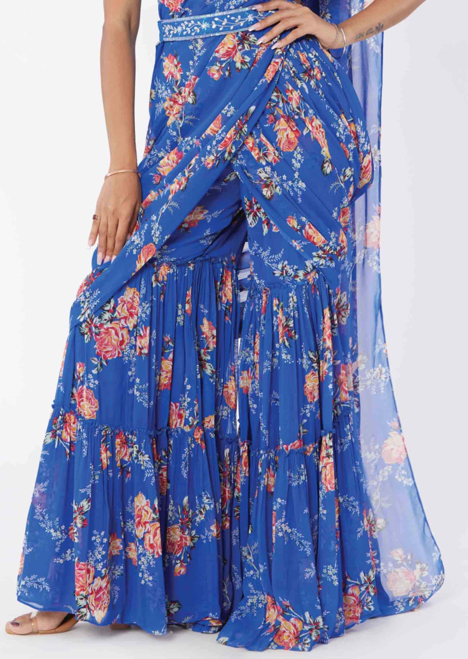 Blue Georgette Sequins Fusion/Indo-Western Set