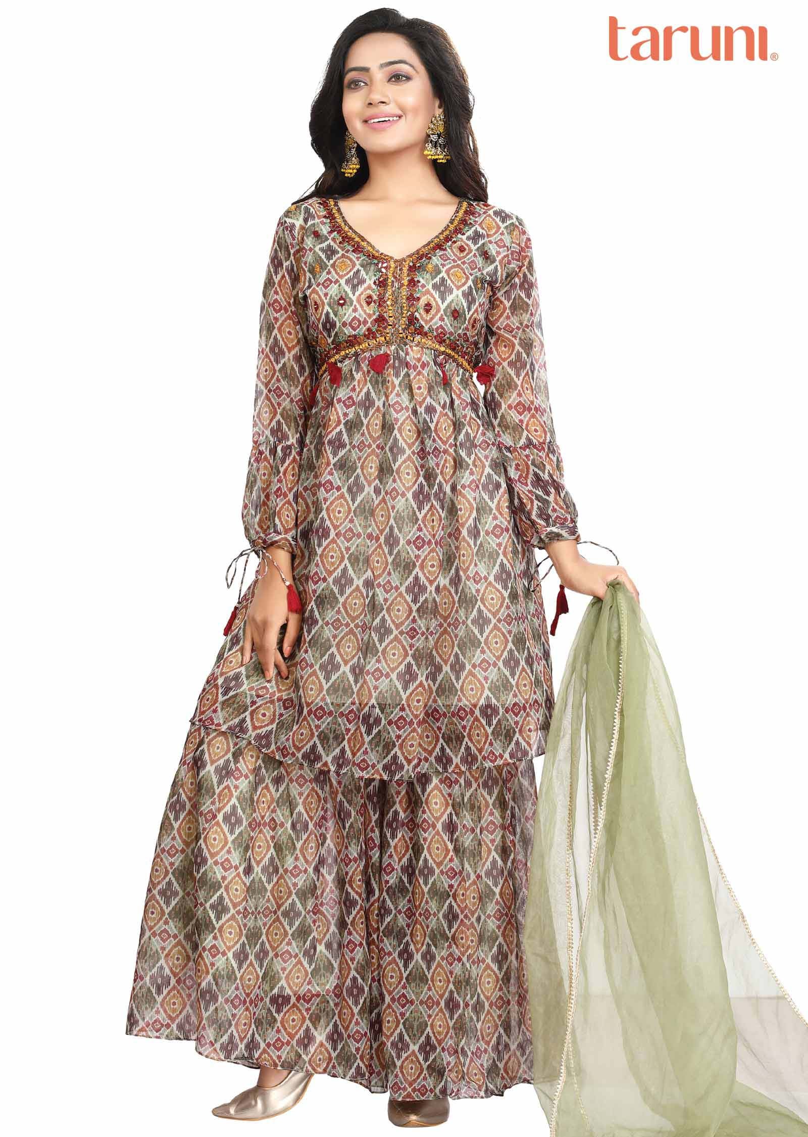 Light green Organza Printed Shararas/Ghararas