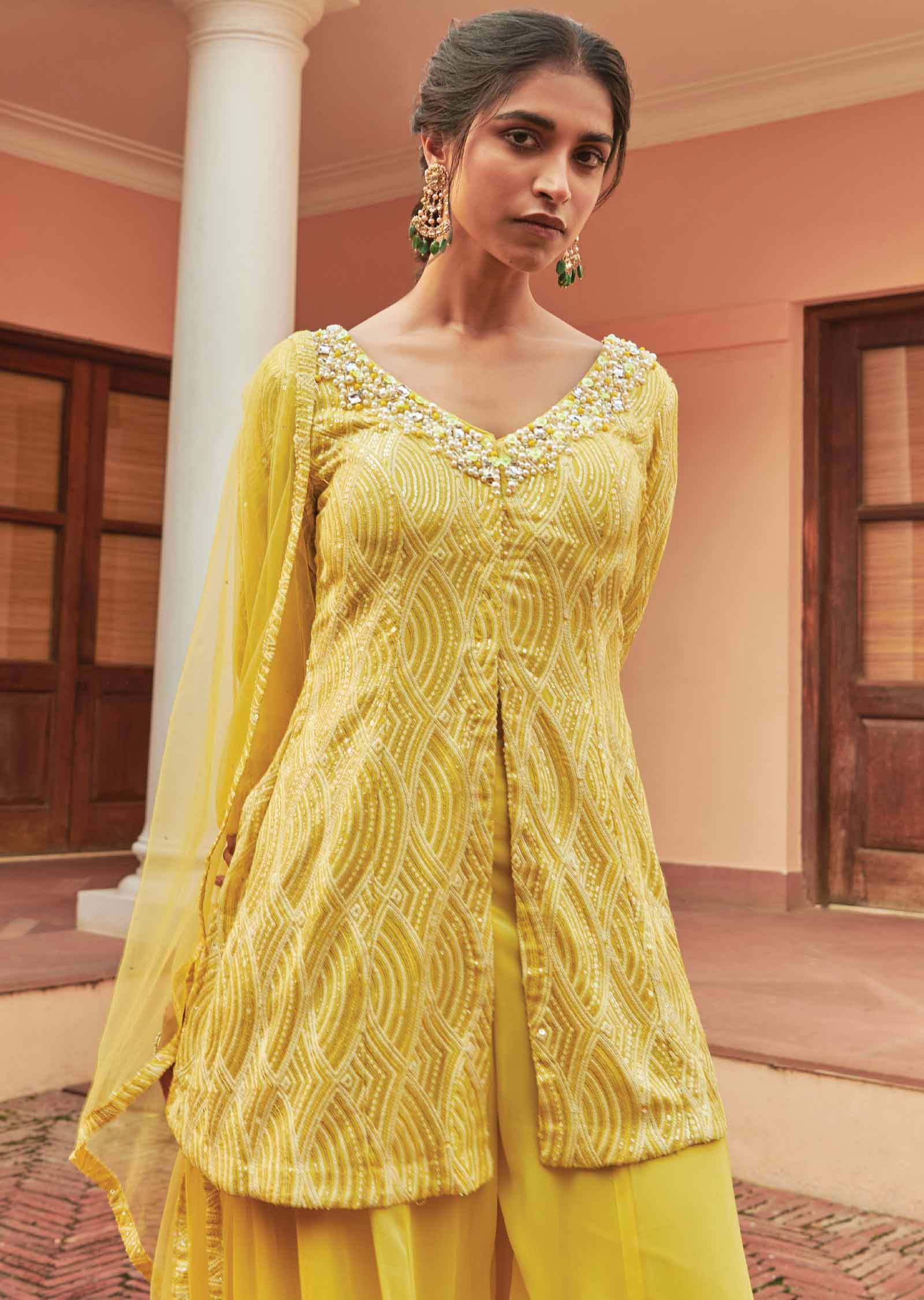 Lemon Yellow Georgette Embroidered Shararas/Ghararas