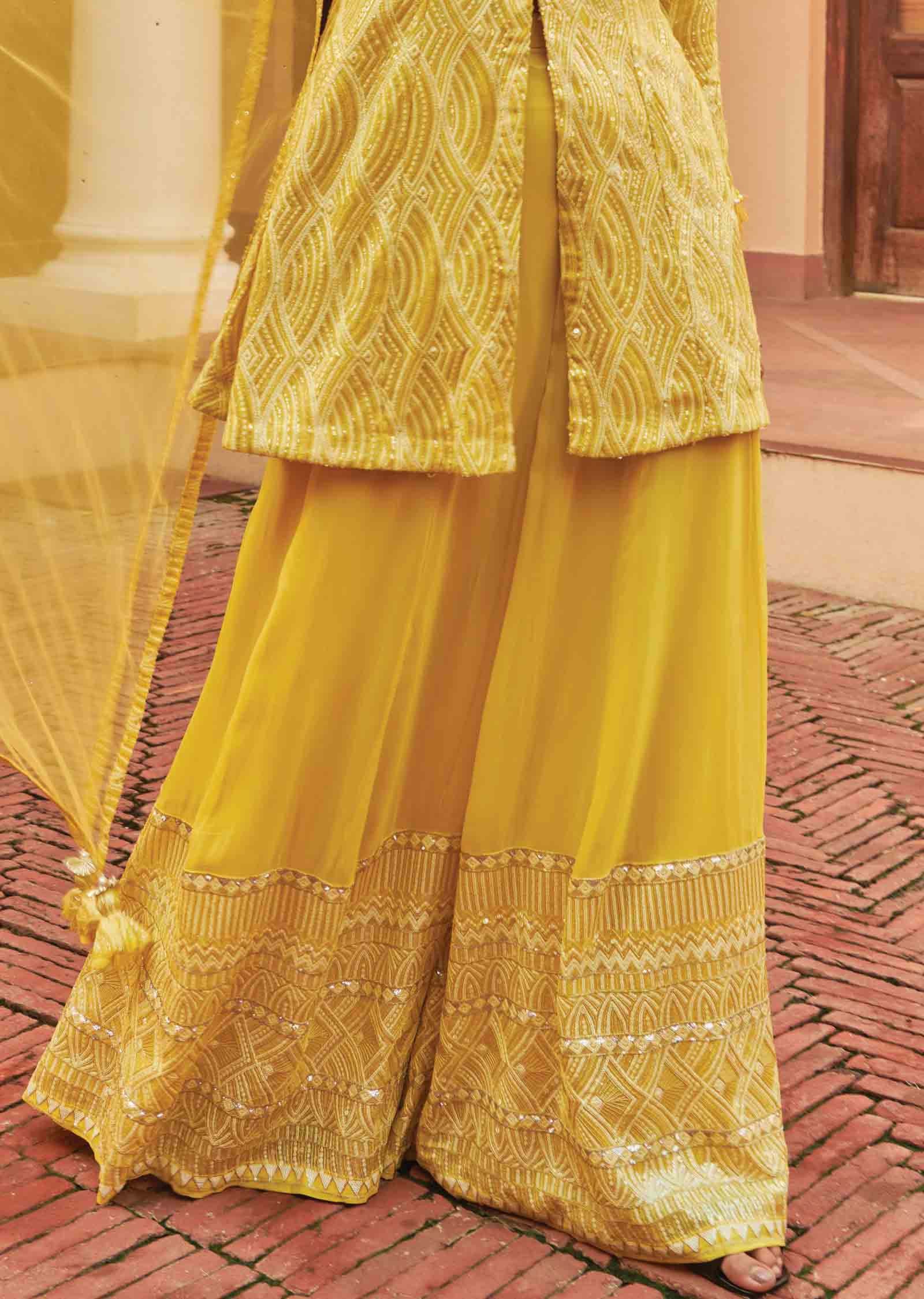Lemon Yellow Georgette Embroidered Shararas/Ghararas