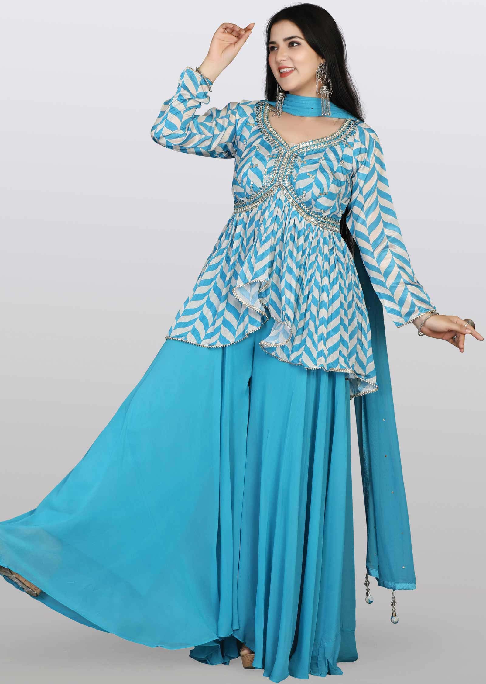 Light Blue Crepe Embroidered Peplum Suit