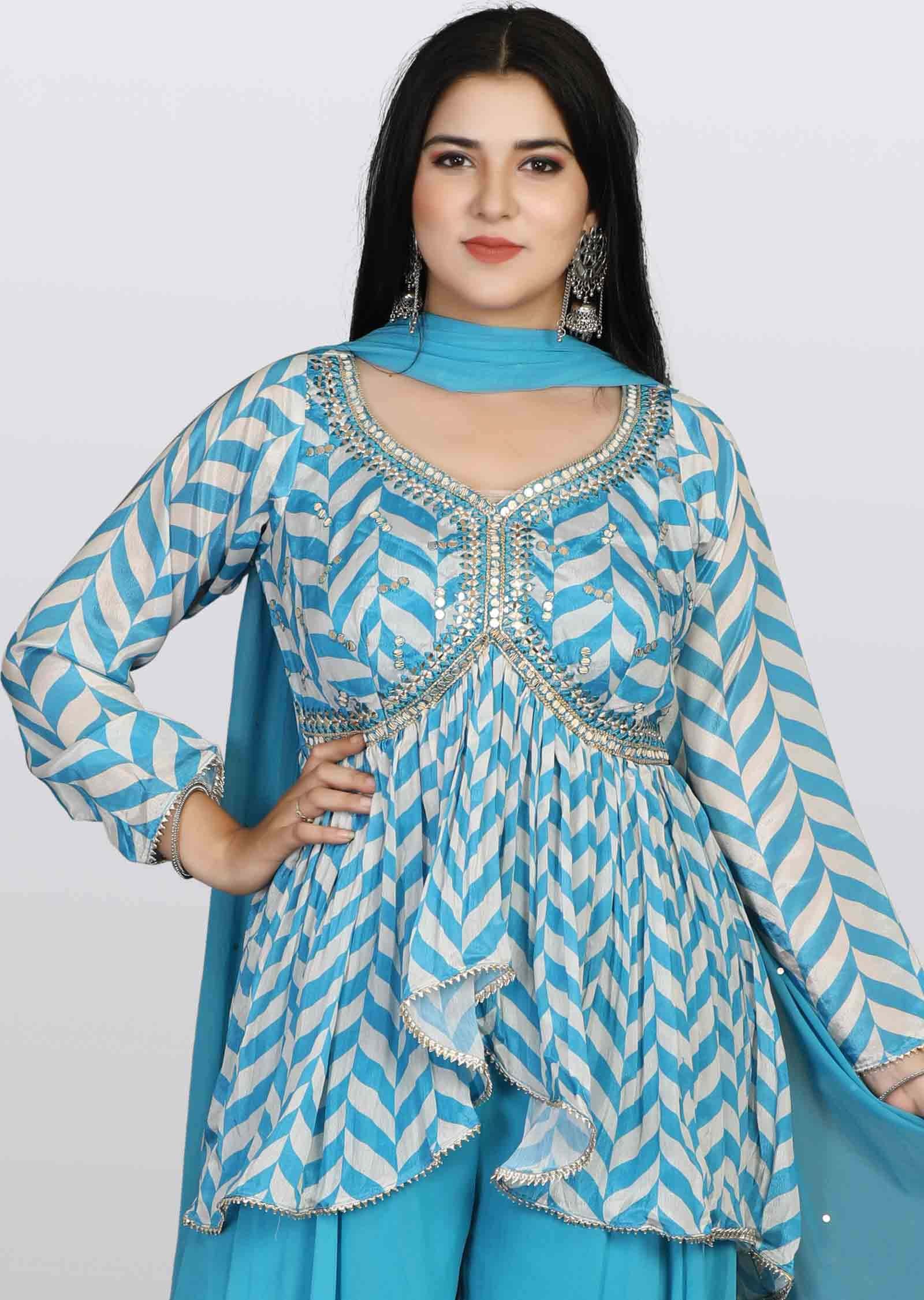 Light Blue Crepe Embroidered Peplum Suit