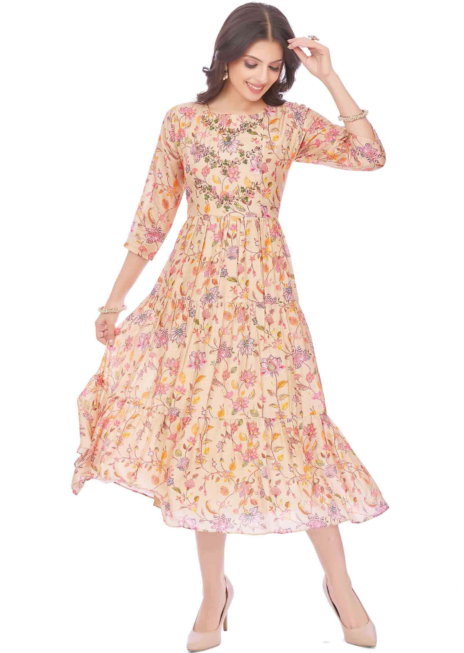 Beige Muslin Printed Frock Style Kurti