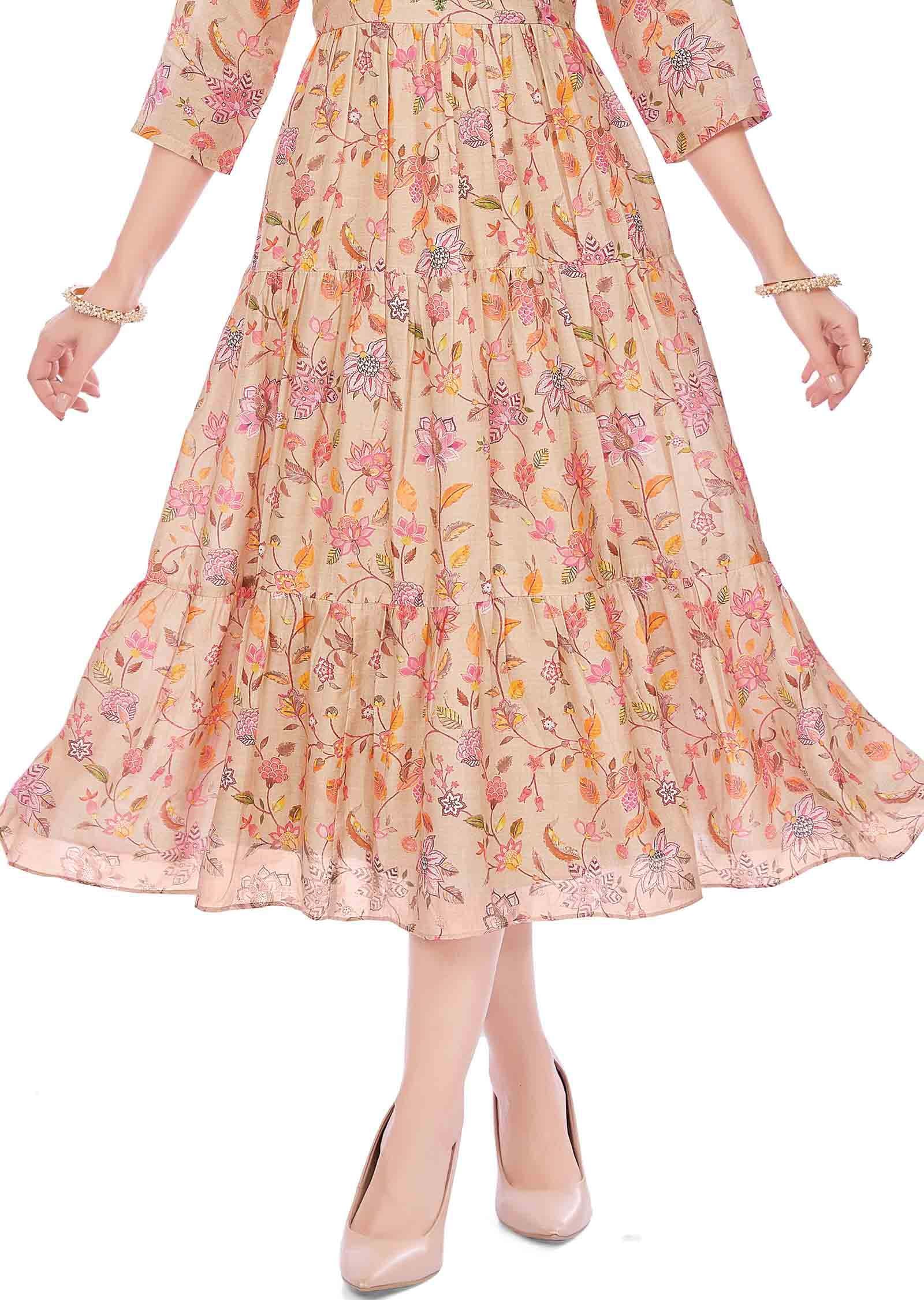 Beige Muslin Printed Frock Style Kurti