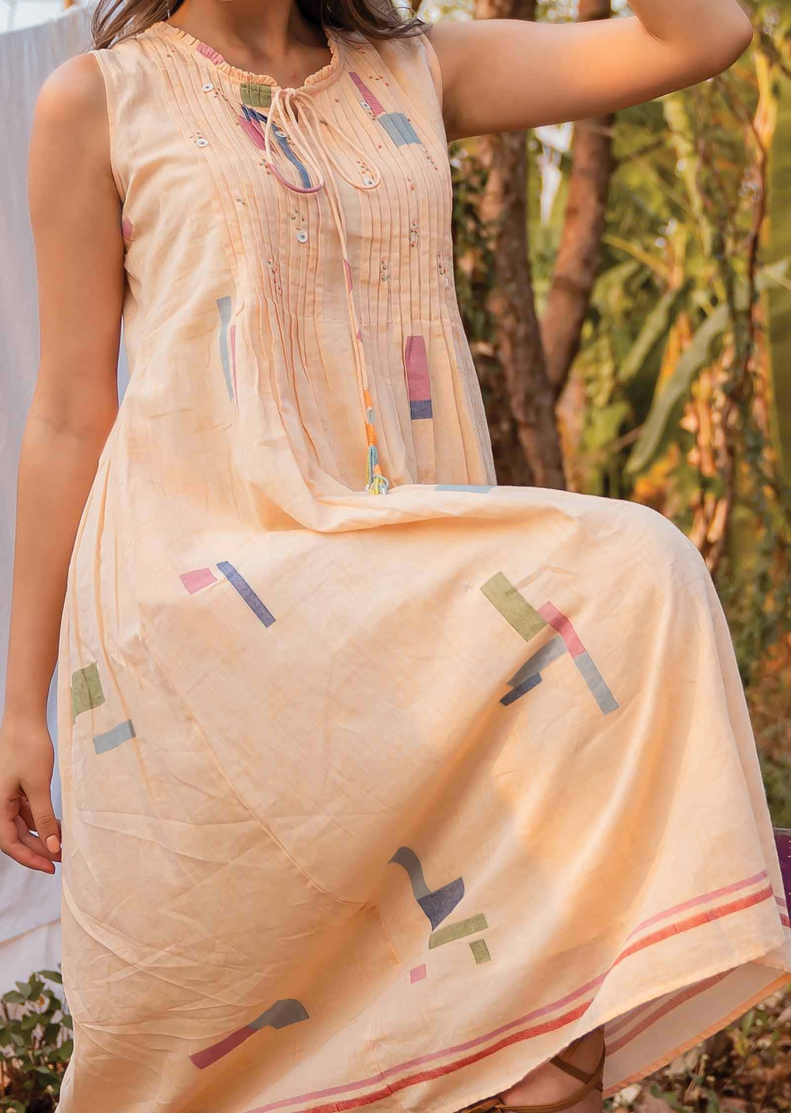 Peach Handloom Cotton Beaded Frock Style Kurti