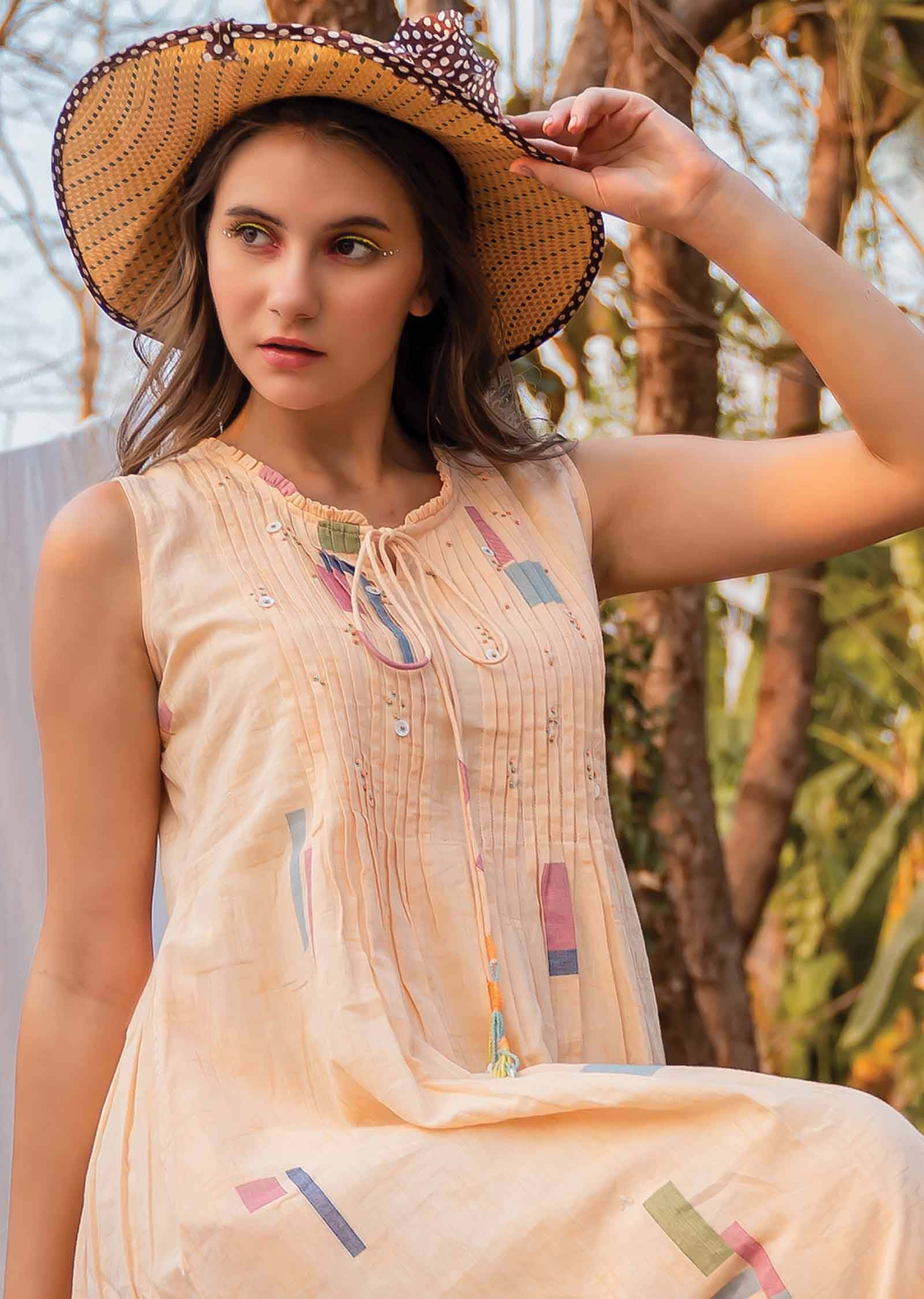 Peach Handloom Cotton Beaded Frock Style Kurti