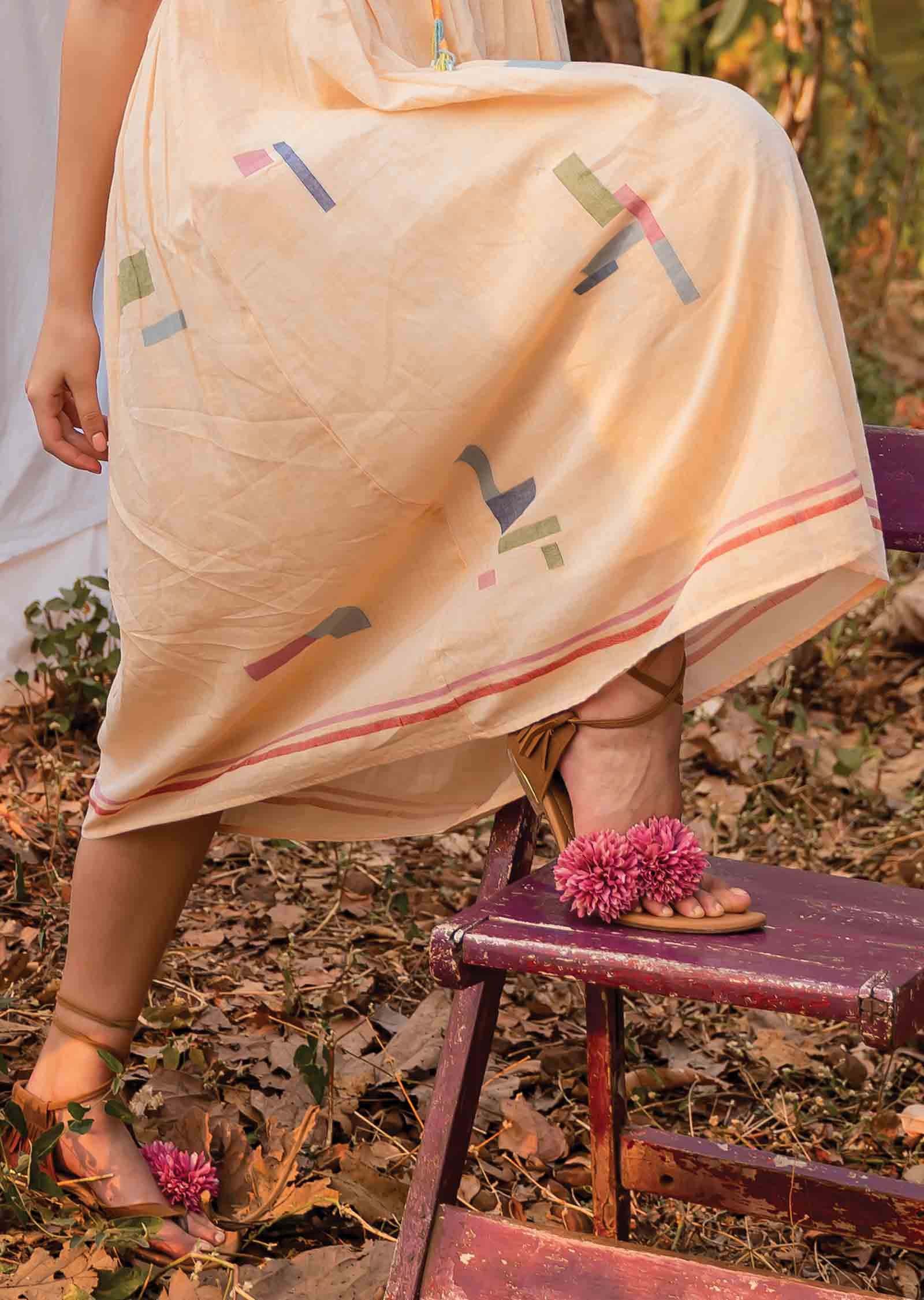 Peach Handloom Cotton Beaded Frock Style Kurti