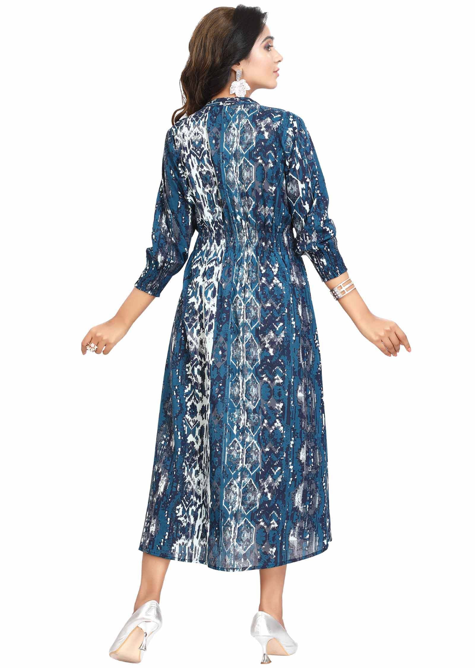 Blue Cotton Printed Frock Style Kurti