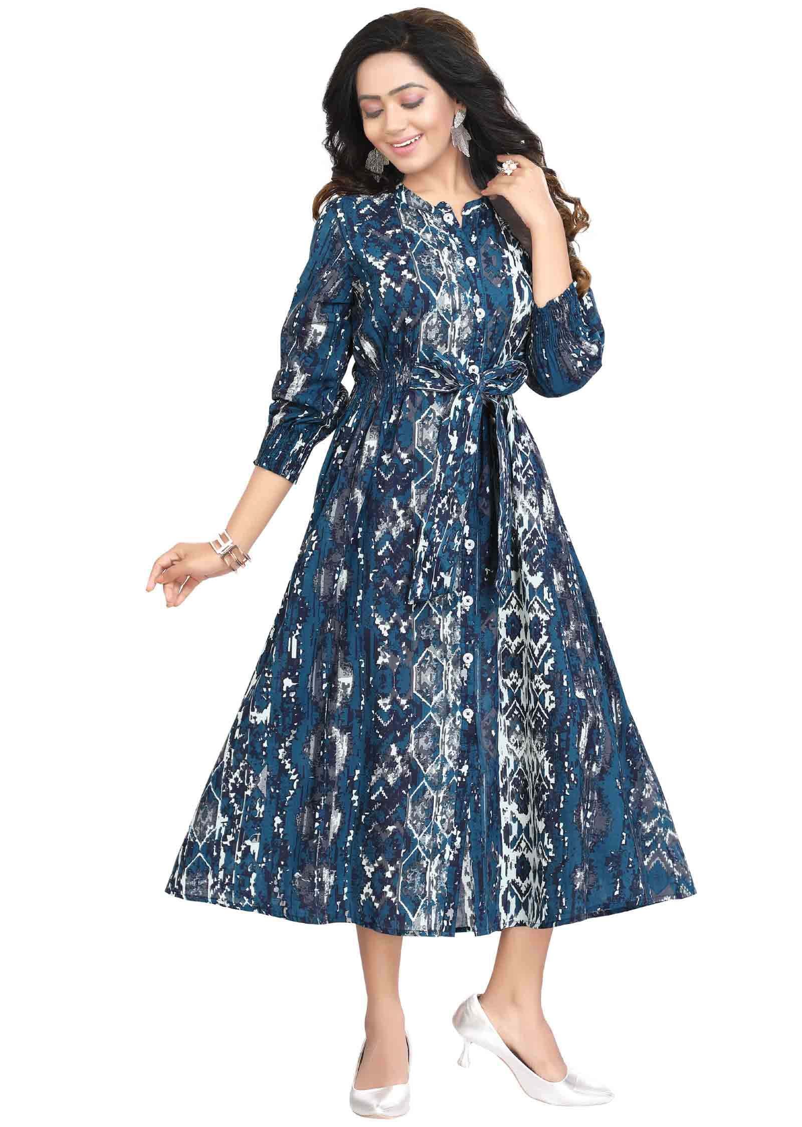 Blue Cotton Printed Frock Style Kurti