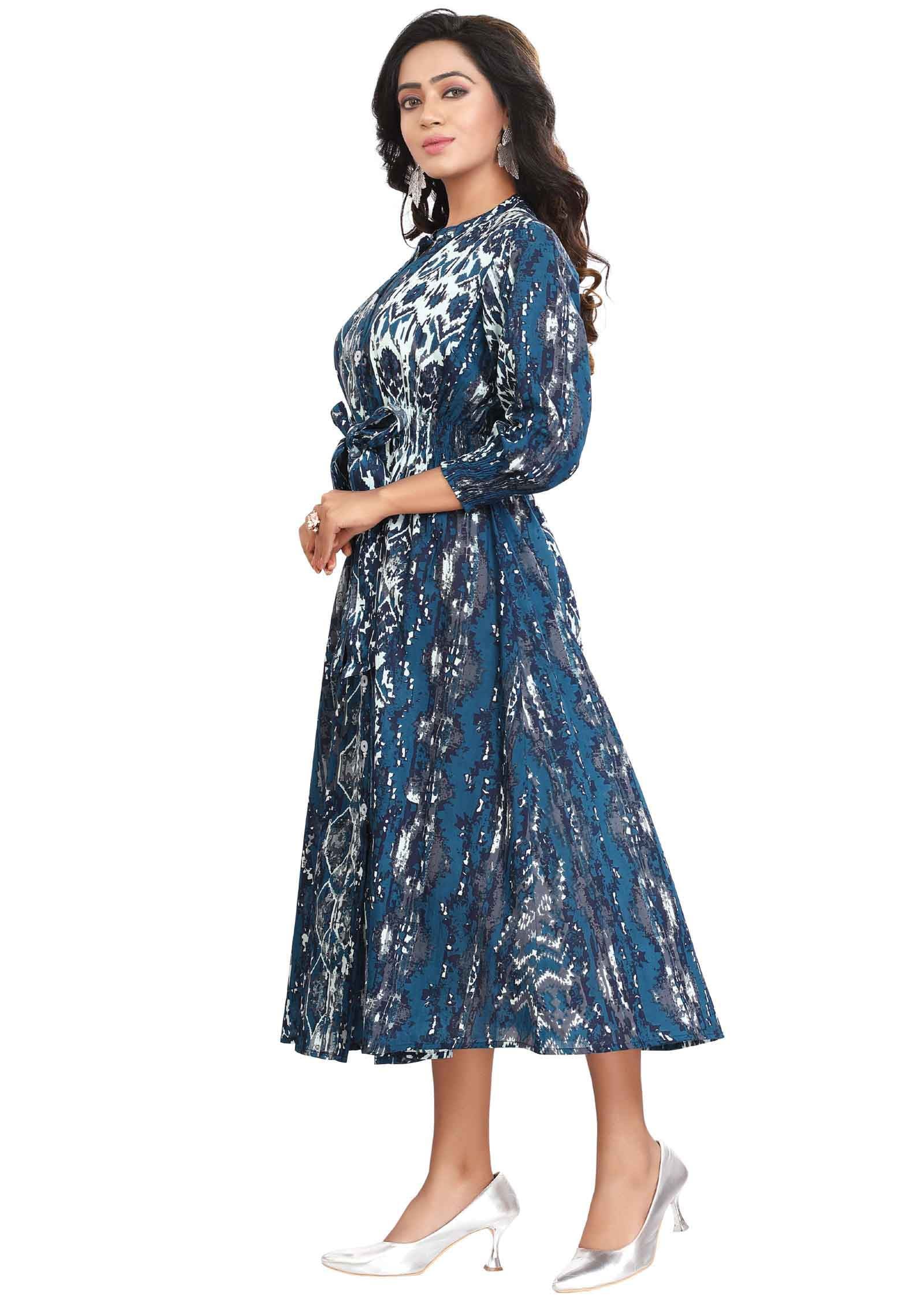 Blue Cotton Printed Frock Style Kurti