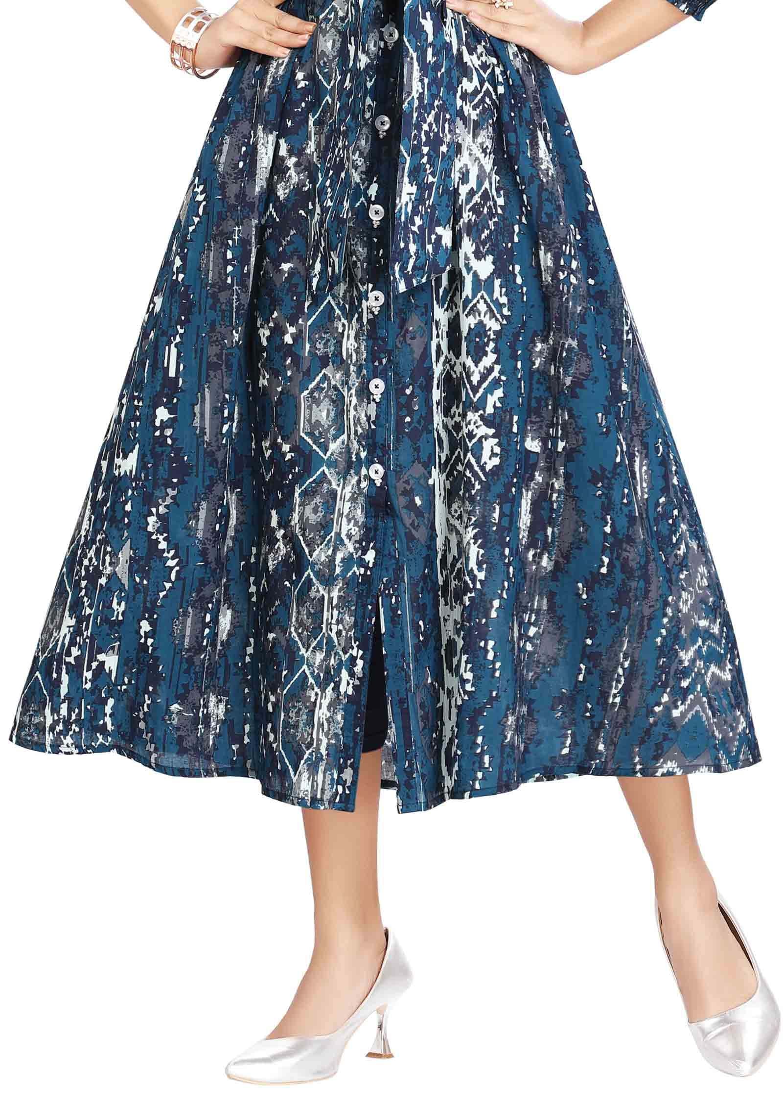 Blue Cotton Printed Frock Style Kurti