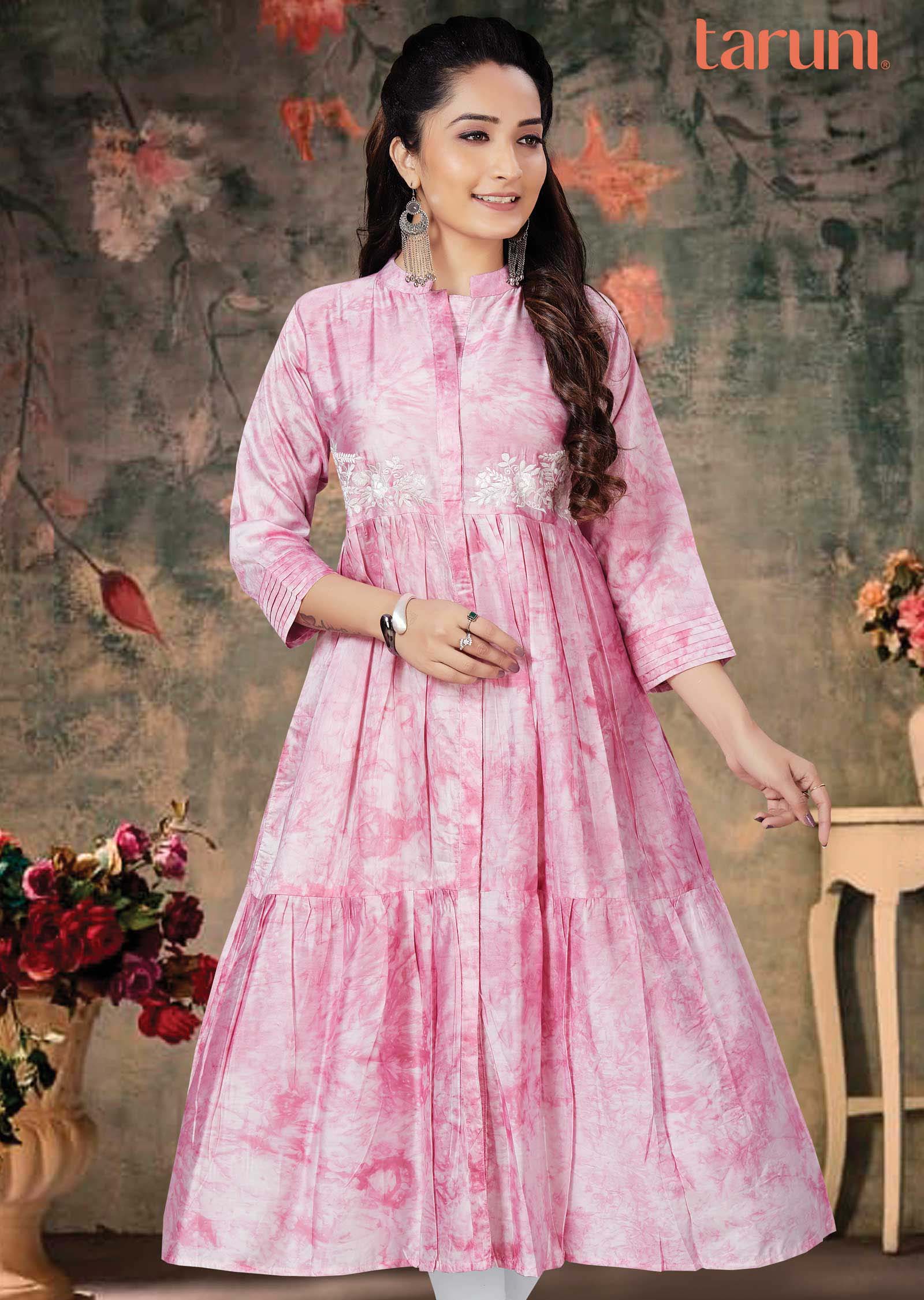 Pink Chanderi Printed Frock Style Kurti