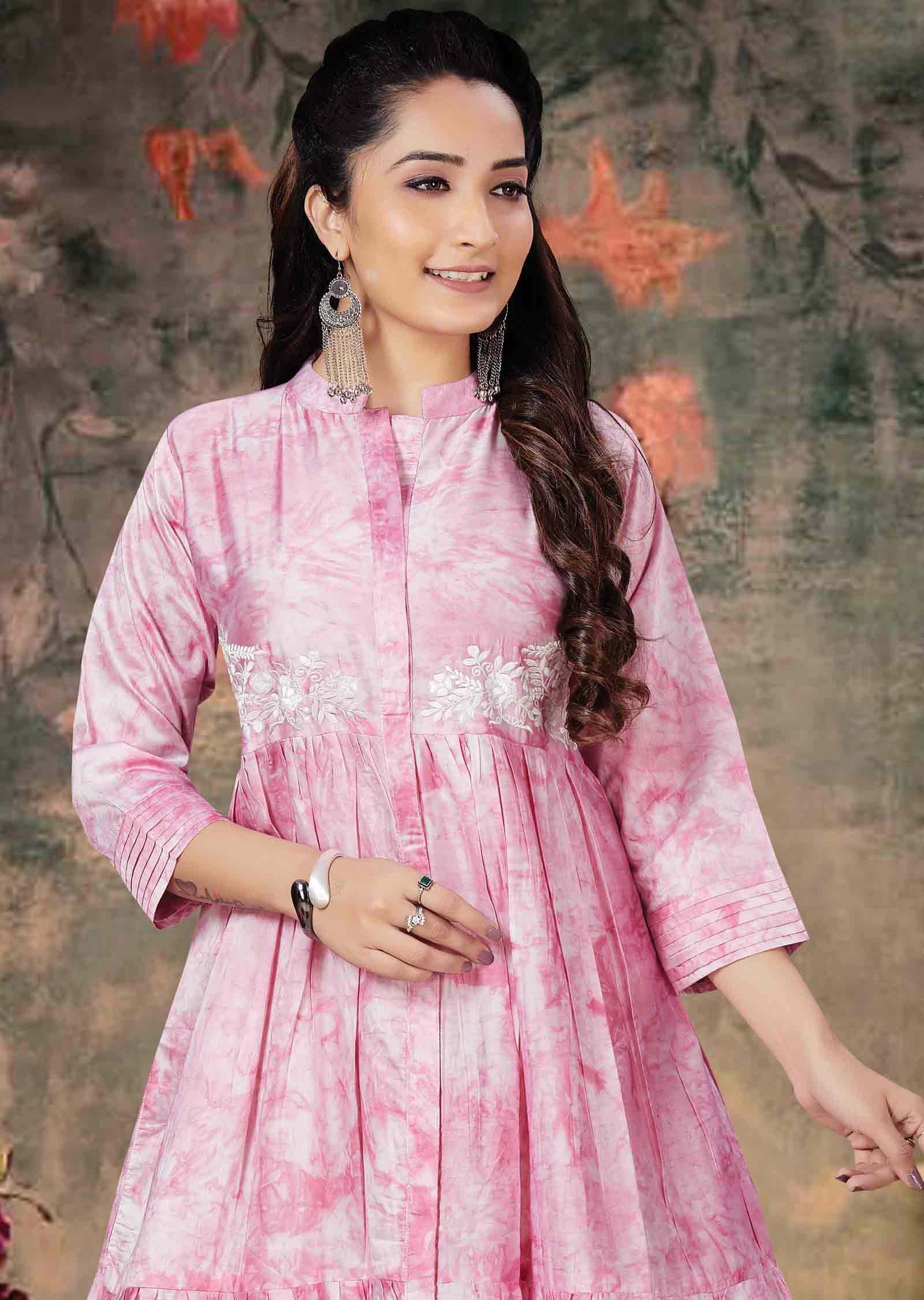 Pink Chanderi Printed Frock Style Kurti