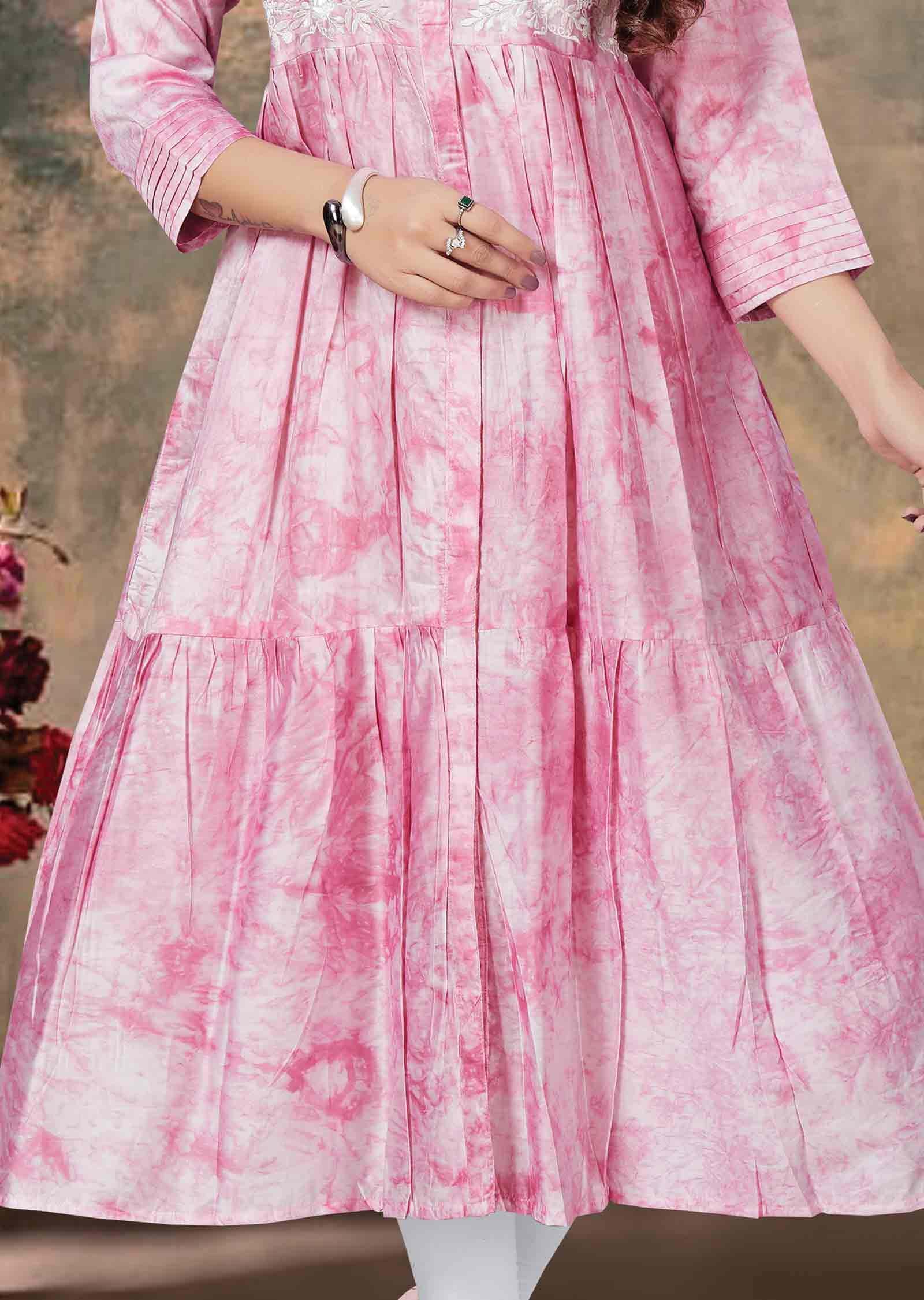 Pink Chanderi Printed Frock Style Kurti