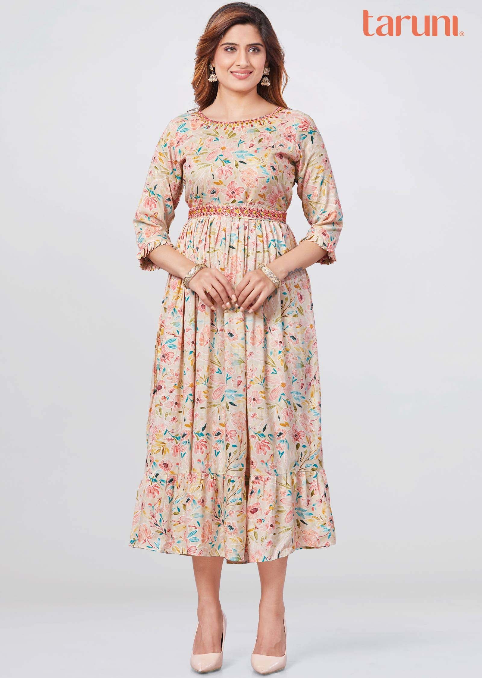 Beige Reyon Printed Frock Style Kurti