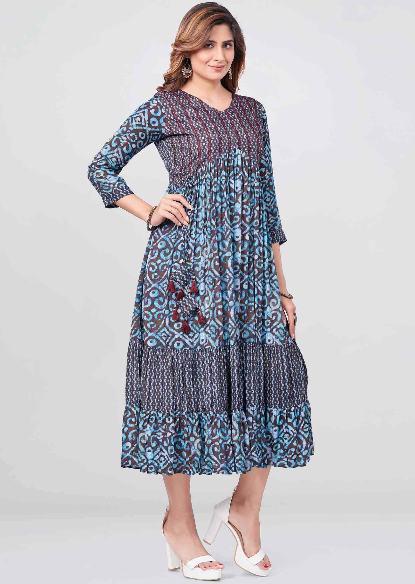 Brown Muslin Printed Frock Style Kurti