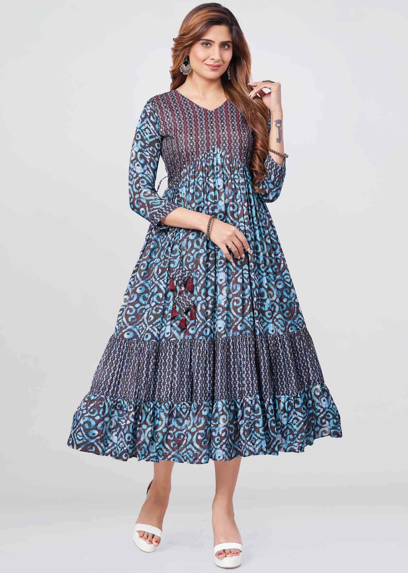 Brown Muslin Printed Frock Style Kurti