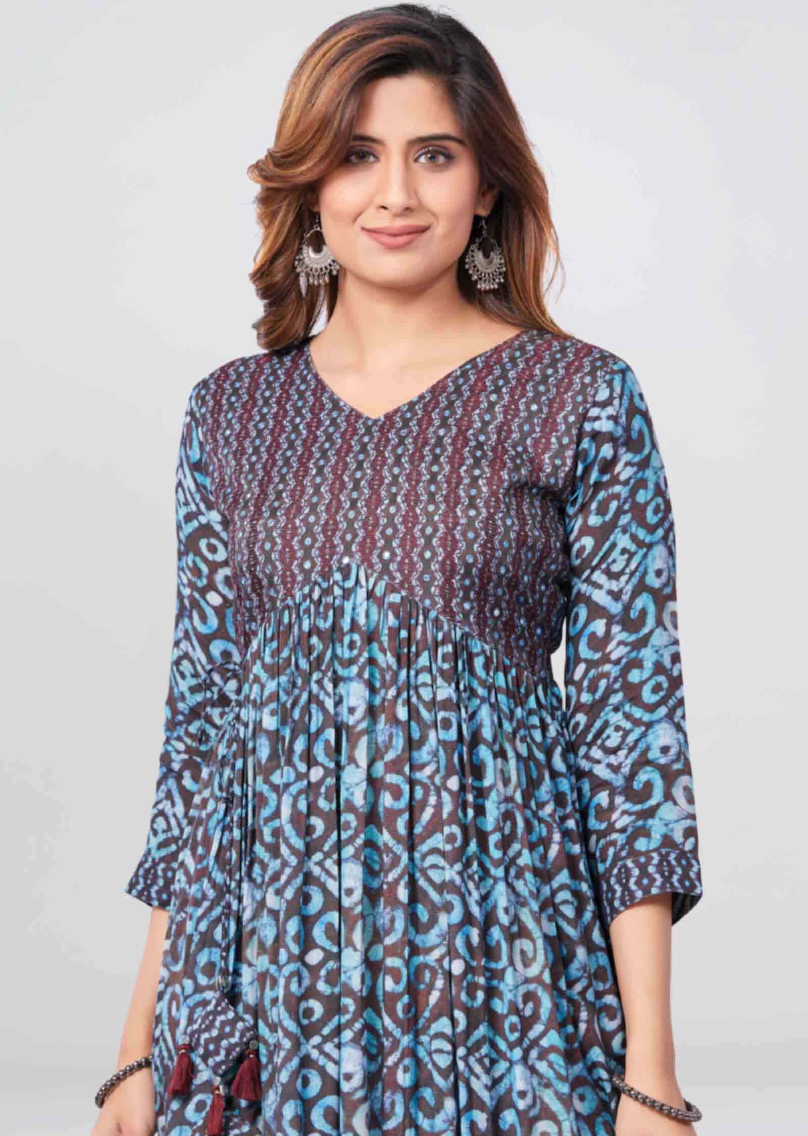 Brown Muslin Printed Frock Style Kurti