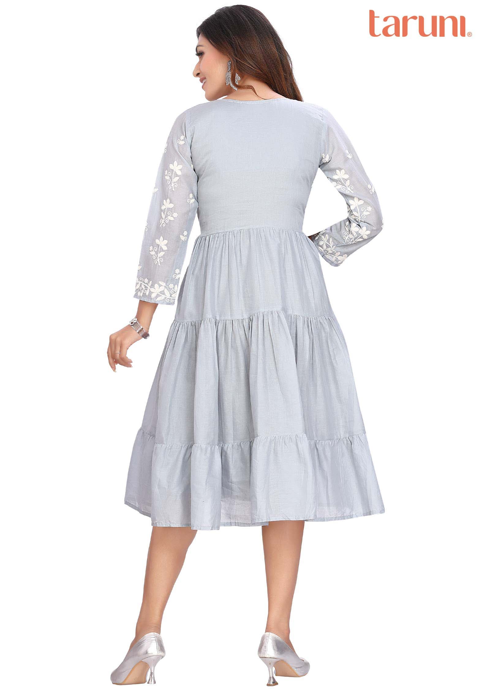 Light Grey Cotton Mirror work Frock Style Kurti